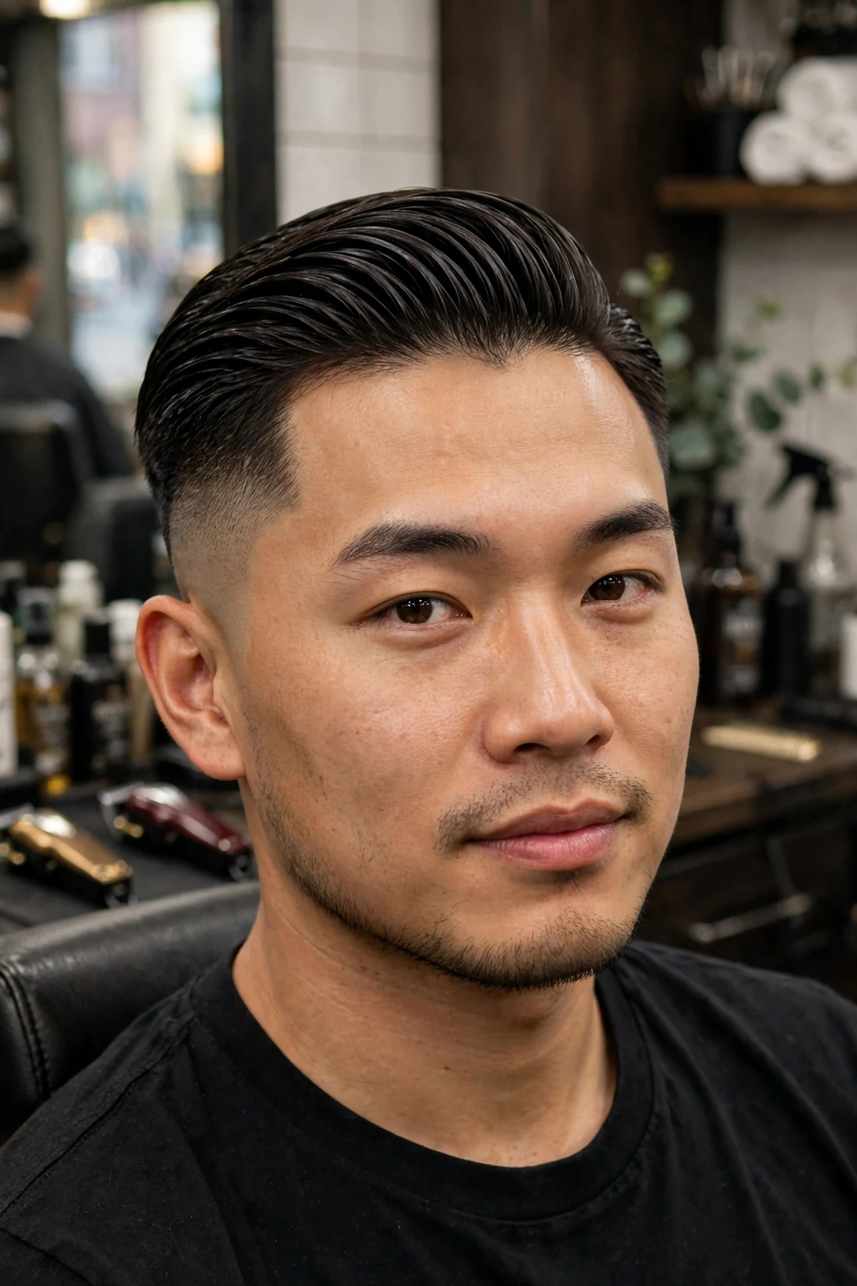 Asian man with a mid skin fade haircut and slicked back top, smooth swept-back hair with high-contrast skin faded sides