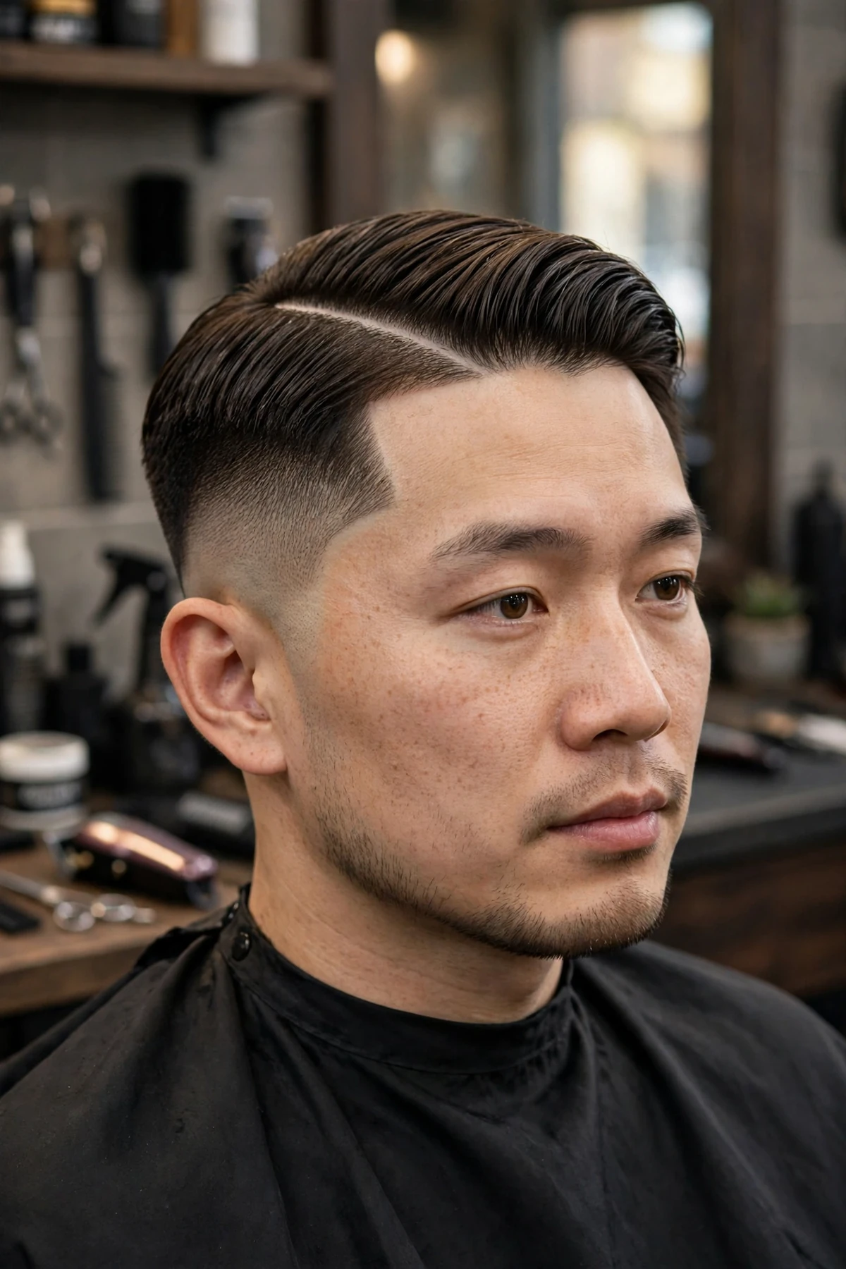 Asian man with a mid fade haircut and hard part line, shaved part line with combed top and crisp mid faded sides