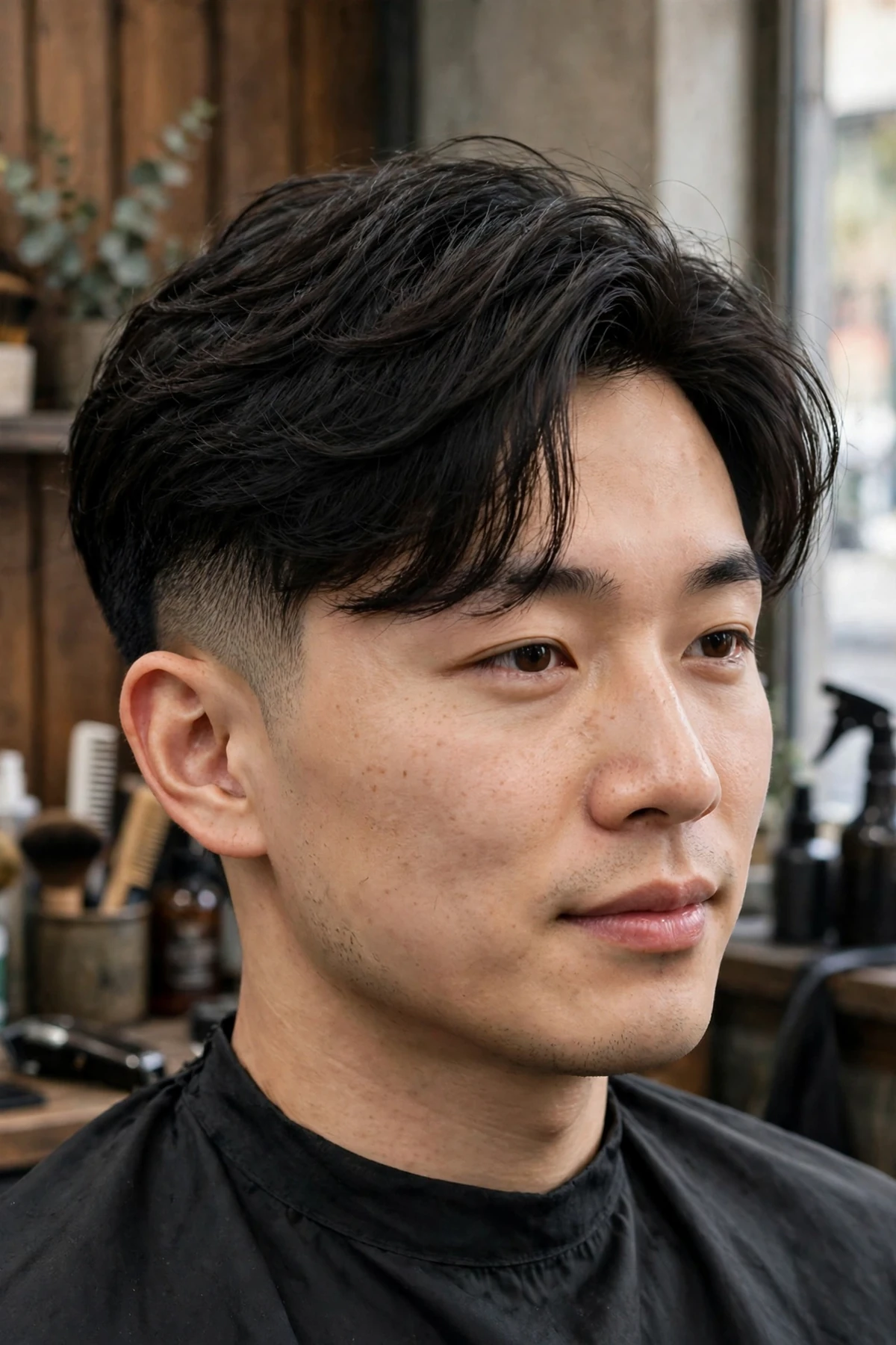Asian man with a mid fade haircut and layered top, soft layered hair with movement and blended mid faded sides