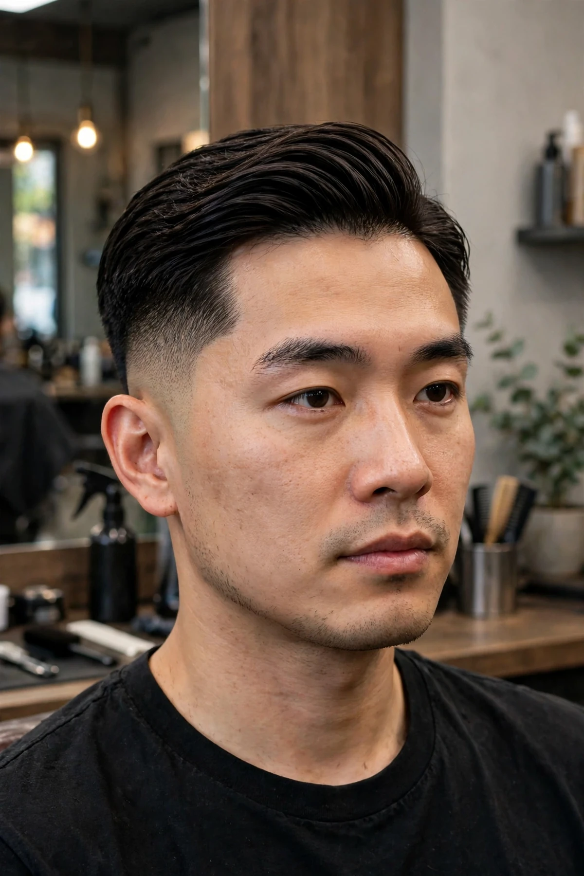 Asian man with a mid taper fade haircut and comb over, neatly combed top with soft natural taper fade sides
