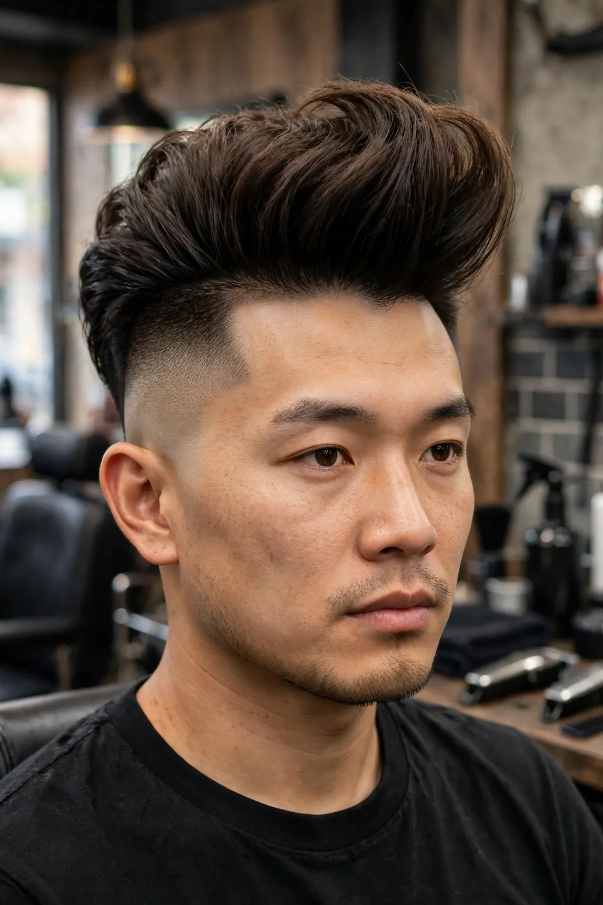 Asian man with a high skin fade haircut and voluminous pompadour, tall swept-up pompadour with sides faded to skin