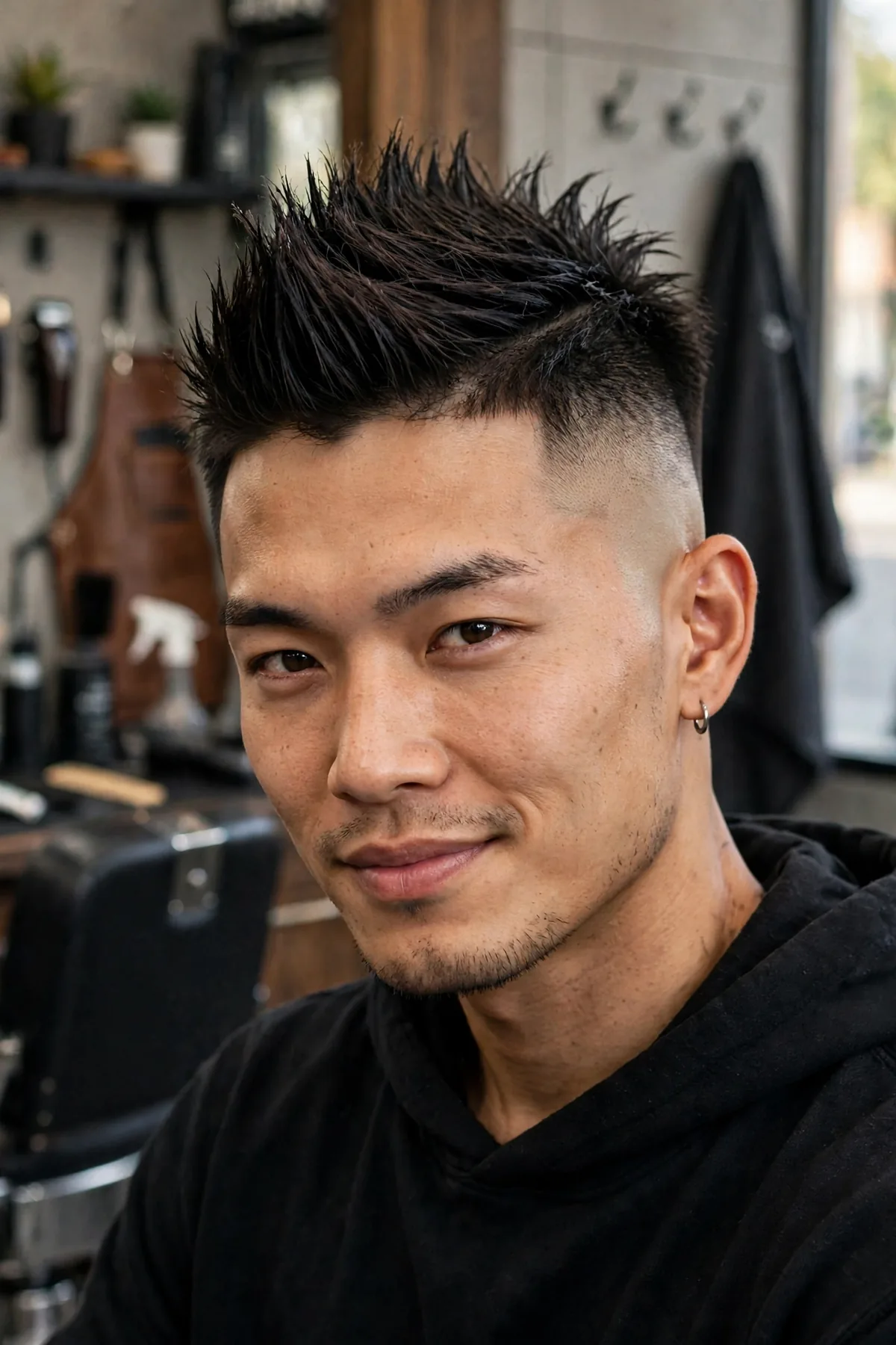 Asian man with a high fade haircut and faux hawk, spiked mohawk-style strip with high faded sides