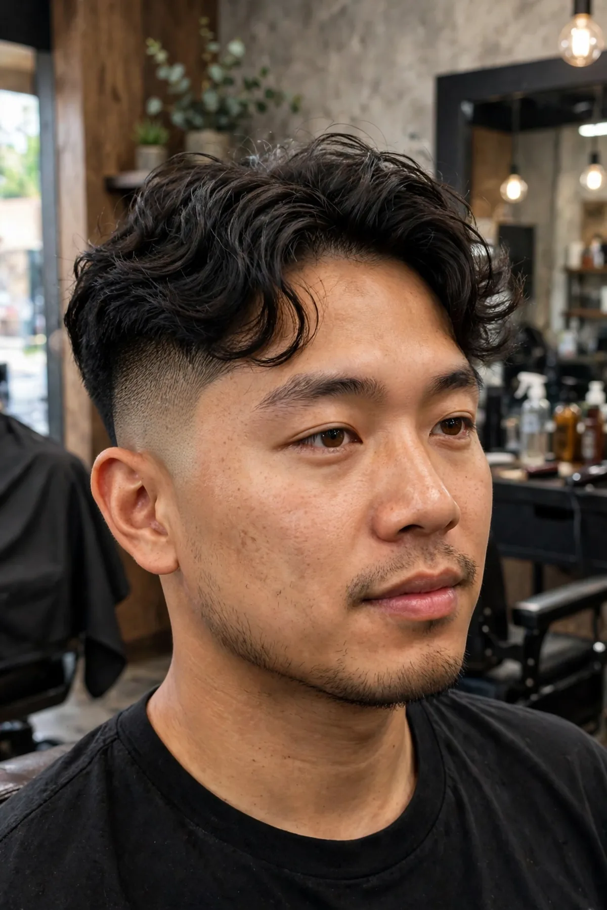 Asian man with a high fade haircut and wavy textured top, loose waves on top with clean high faded sides