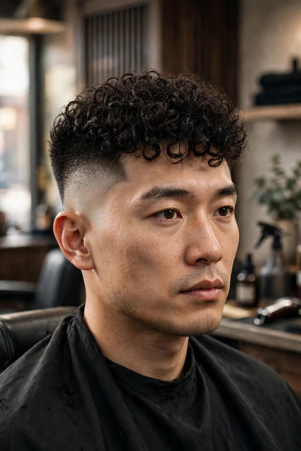 Asian man with a high fade haircut and curly top, tight defined curls on top with high faded sides