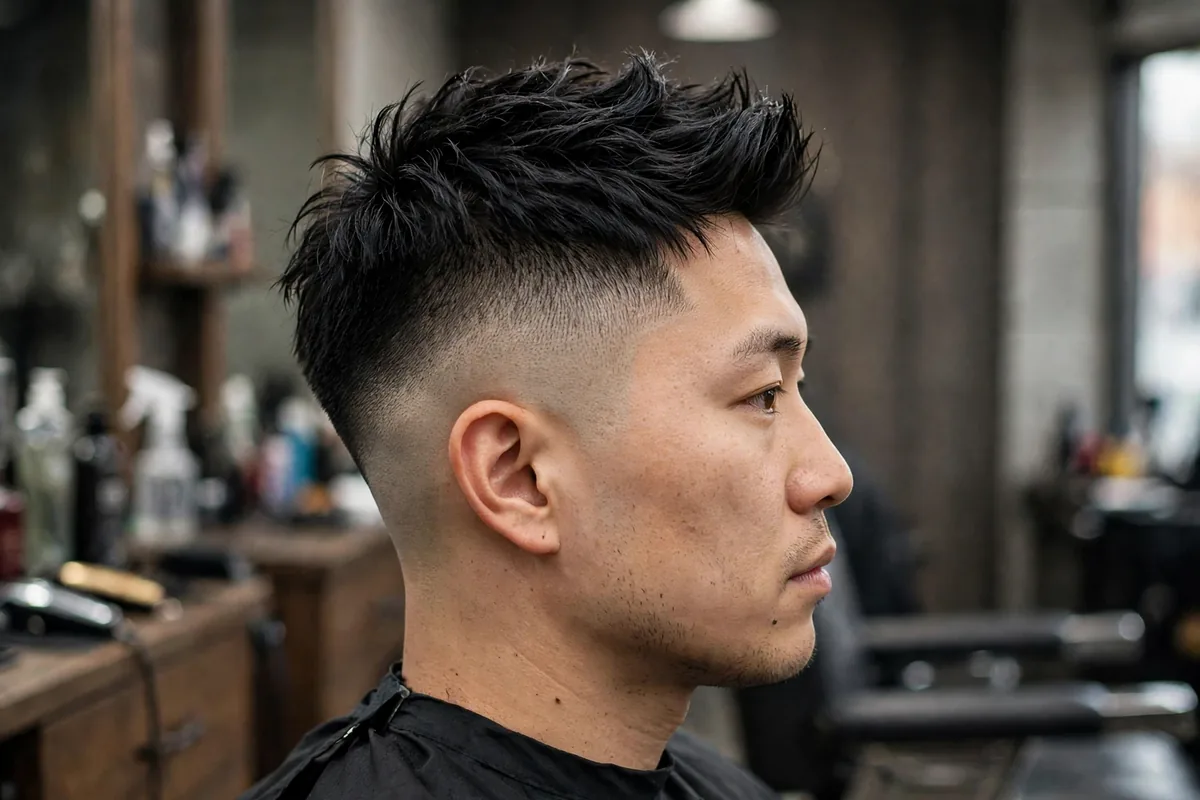 Asian man with a high contrast drop fade haircut, curved fade line dropping behind the ear with textured top