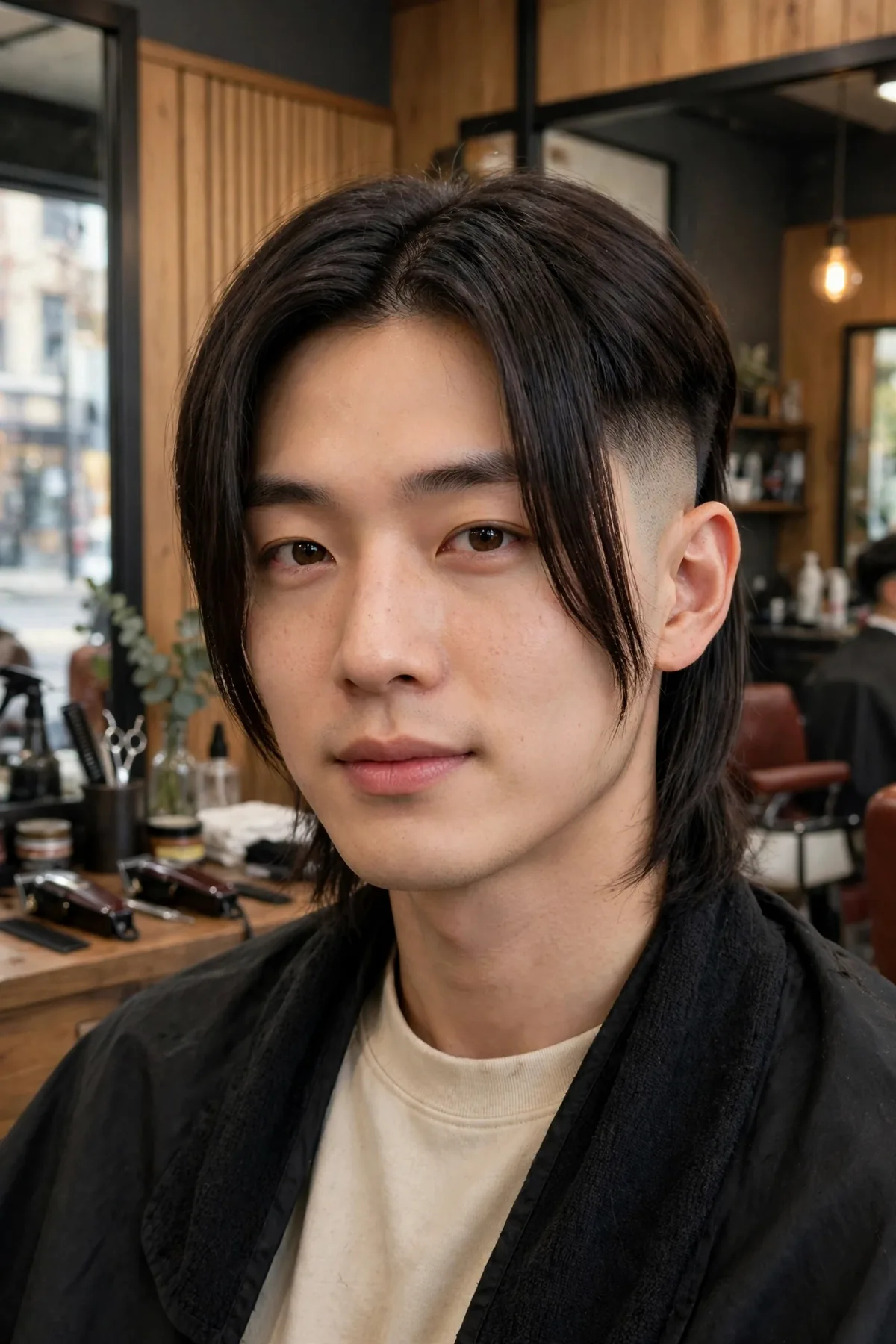 Asian man with a two block fade haircut and curtain middle part, long center-parted top with faded undercut sides