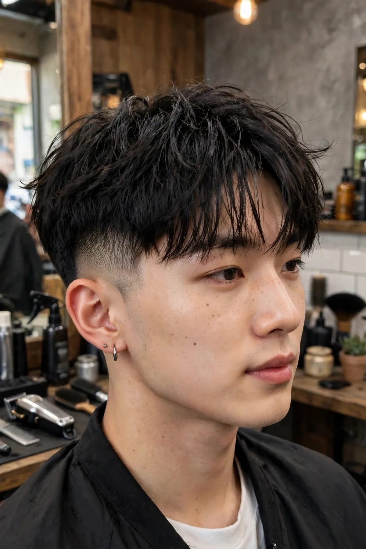 Asian man with a K-pop style textured fringe fade haircut, wispy textured fringe with faded sides and neckline