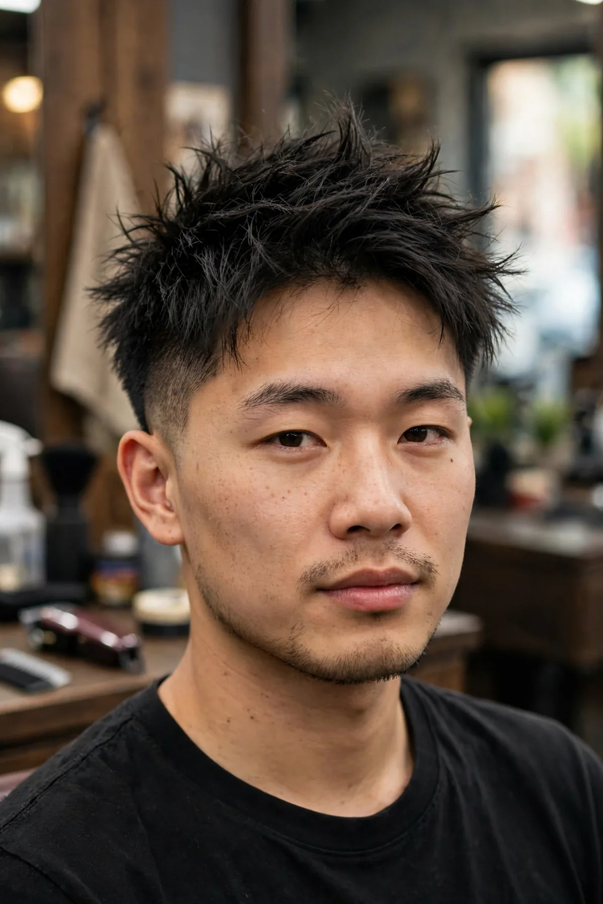 Asian man with a messy spiky fade haircut, tousled spiky layers on top with clean faded sides