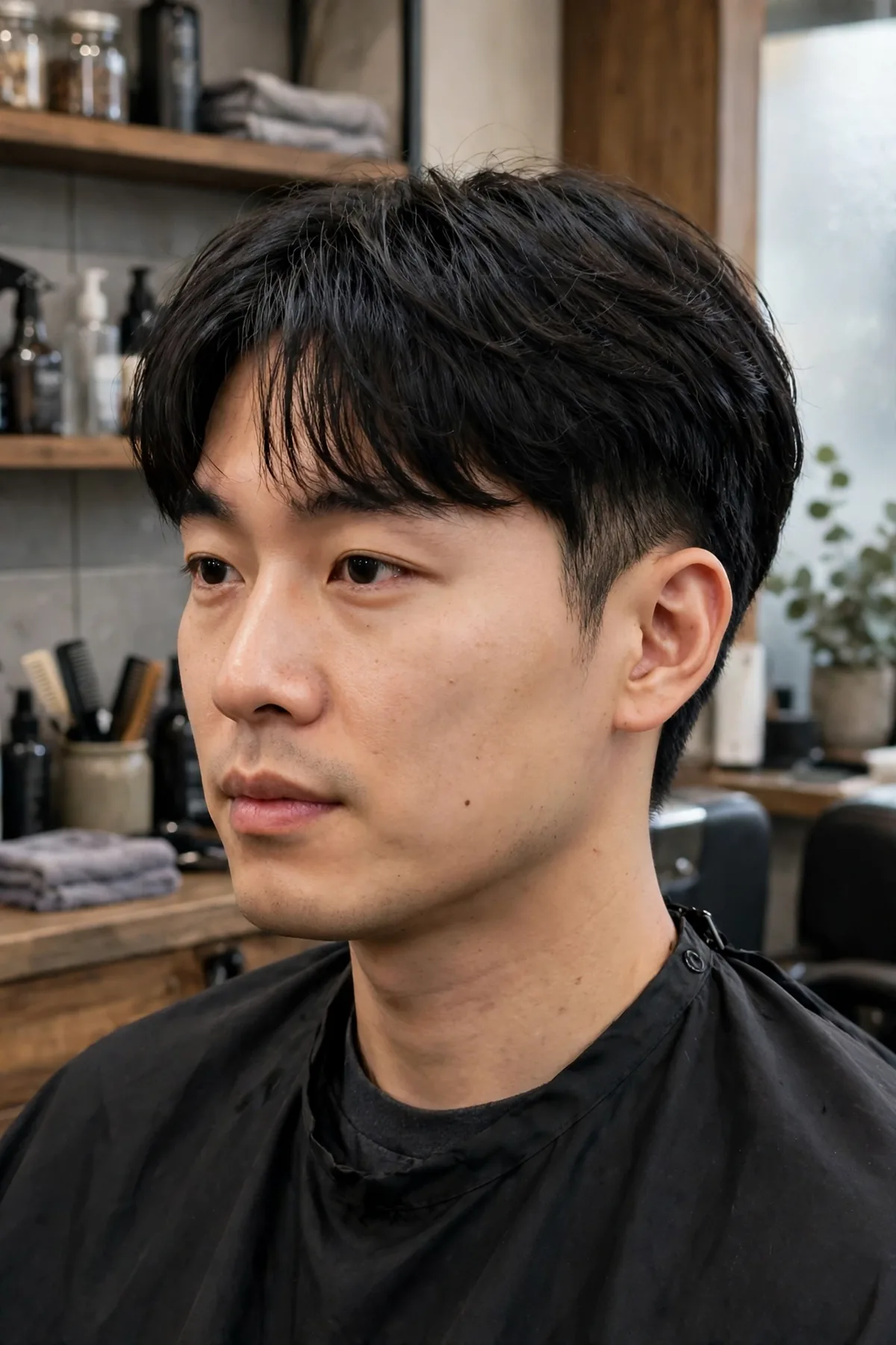 Asian man with a soft fringe fade haircut and tapered neckline, gentle fringe with naturally tapered fade at the neck