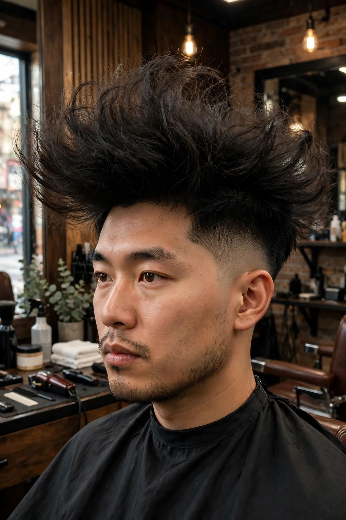Asian man with a blowout taper fade haircut, voluminous blown-out top with tapered faded sides