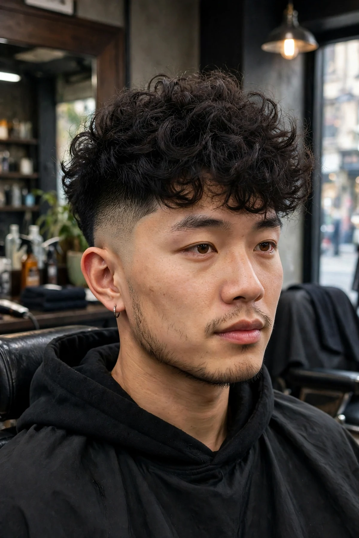 Asian man with a burst fade haircut and curly top, rounded fade curving around the ear with voluminous curls on top