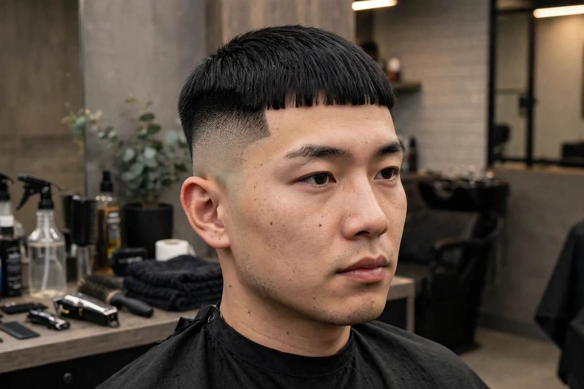 Asian man with an edgar fade haircut, straight blunt fringe with high tapered fade sides