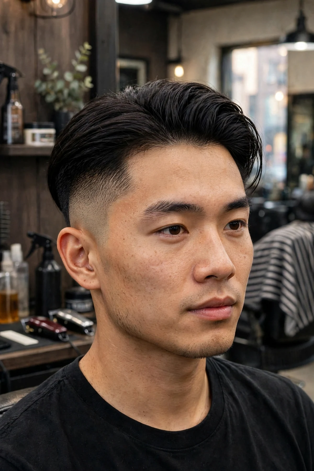 Asian man with an undercut fade haircut and long top, long swept top with disconnected faded undercut sides