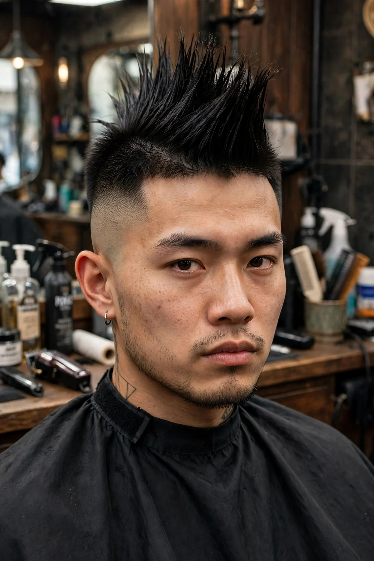 Asian man with a mohawk fade haircut, bold mohawk strip with skin faded sides
