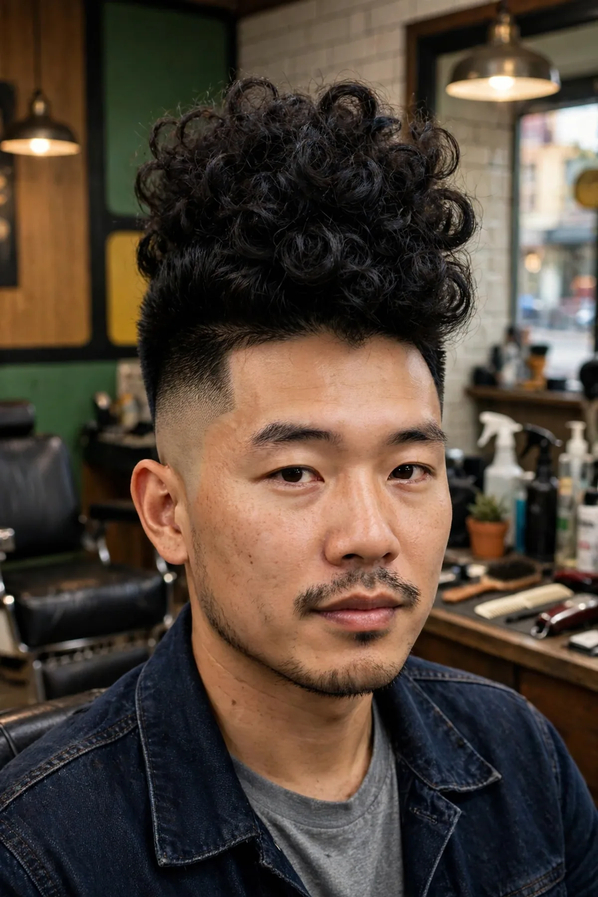 Asian man with a high top fade haircut and curly top, tall curly high top with precisely faded sides