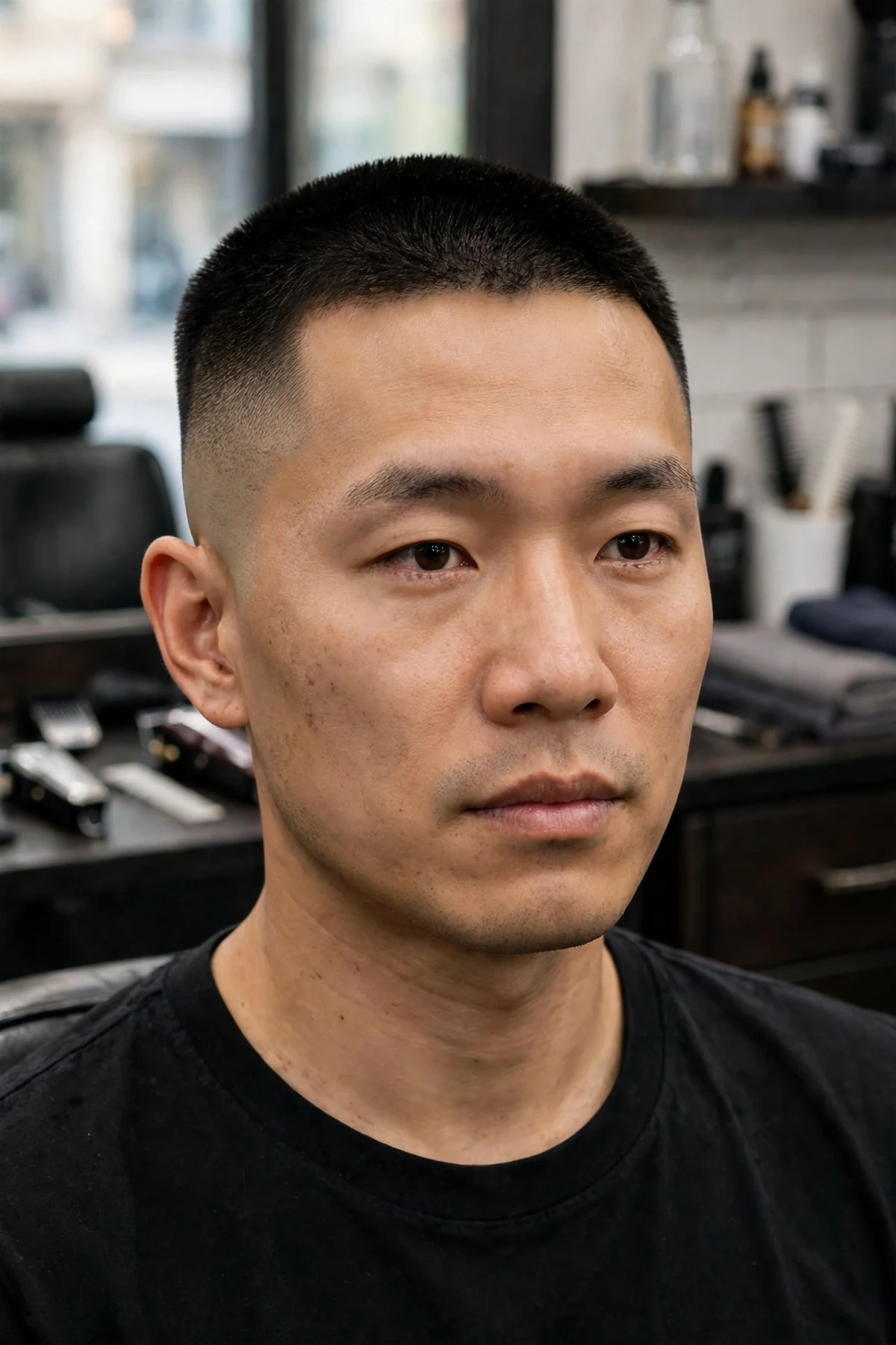 Asian man with a crew cut fade haircut, short neat crew cut top with clean faded sides