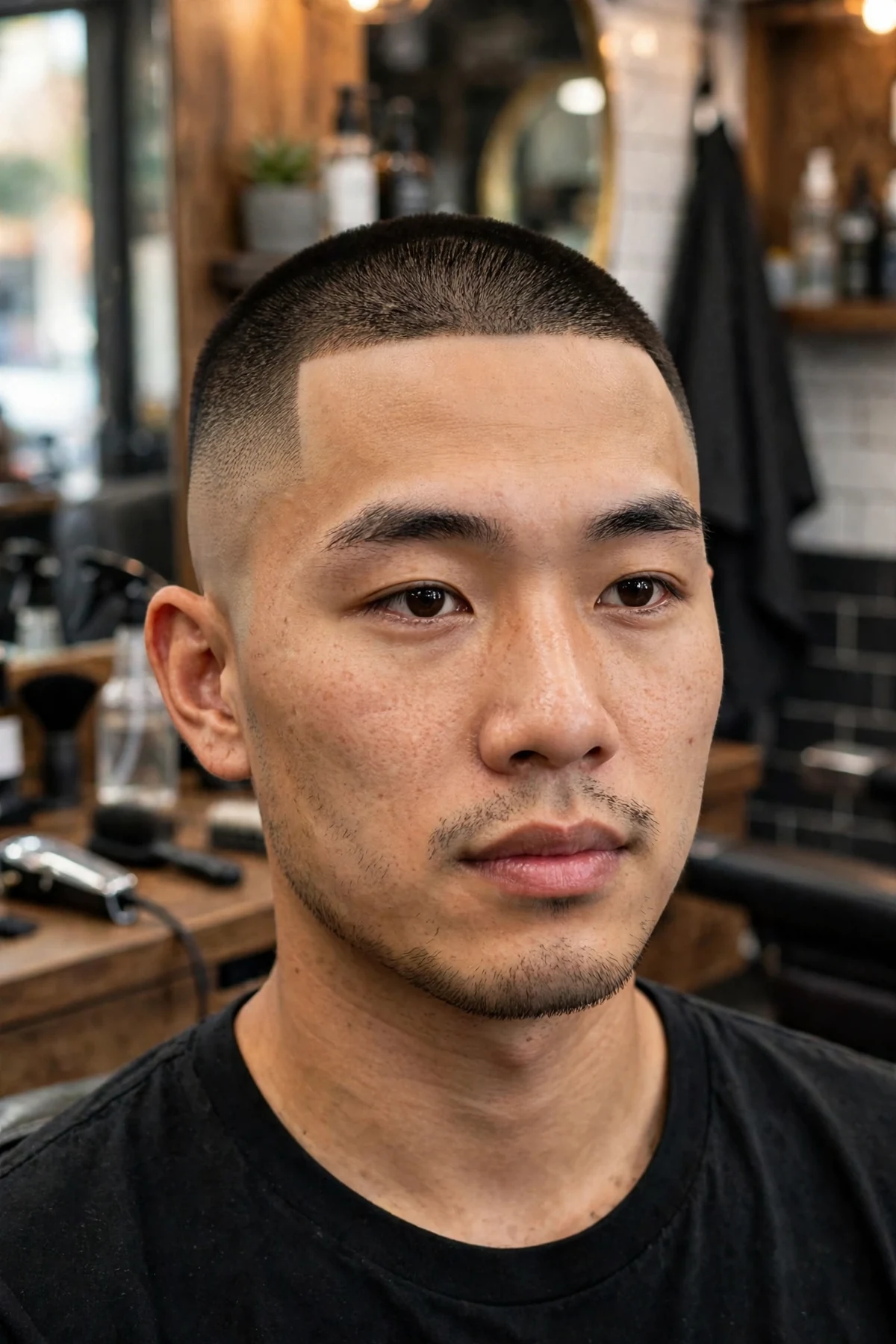 Asian man with a buzz fade haircut and sharp lineup, even buzz cut with faded sides and crisp hairline lineup