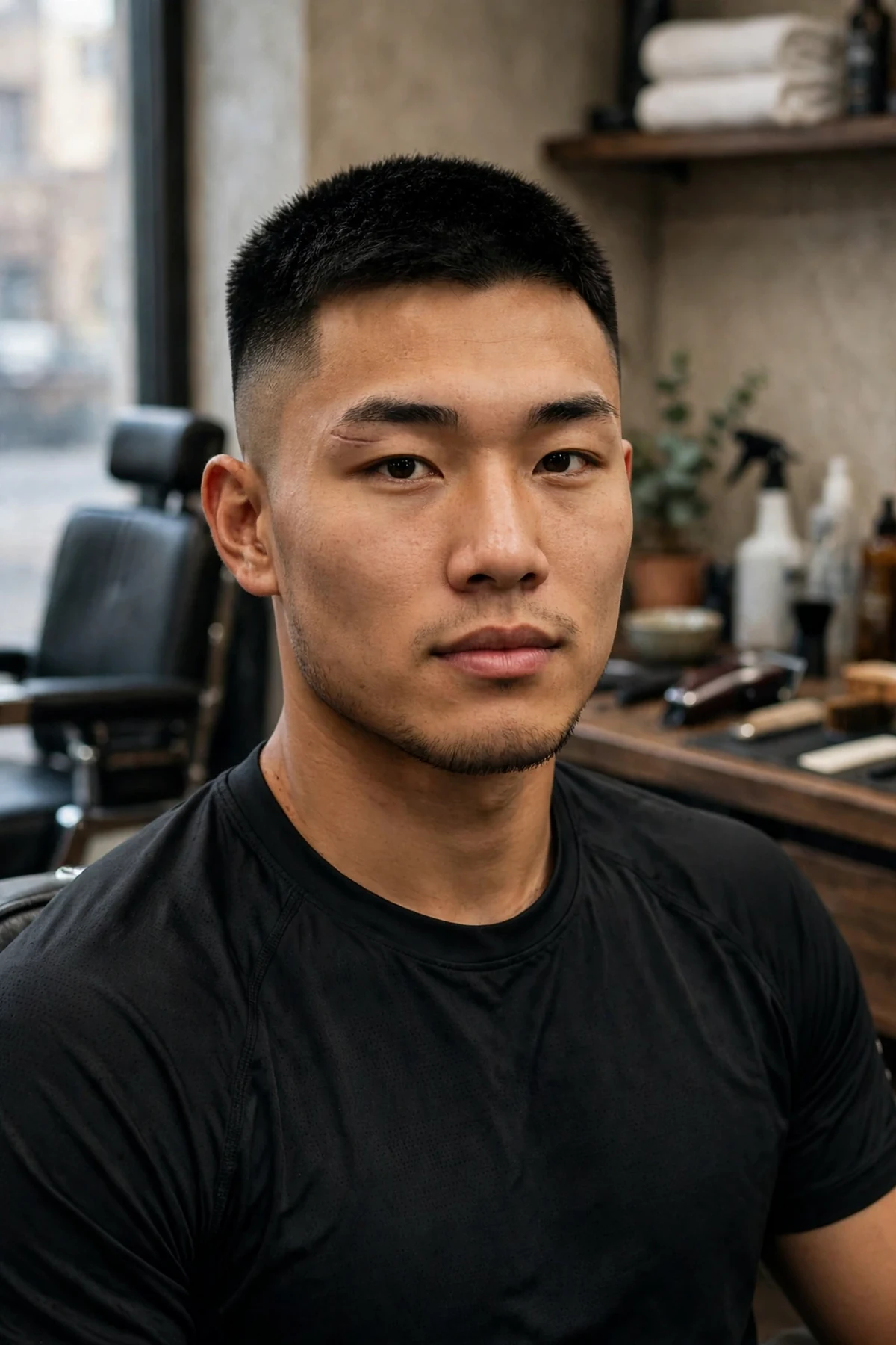 Asian athlete with a short fade haircut, practical short sporty cut with faded sides