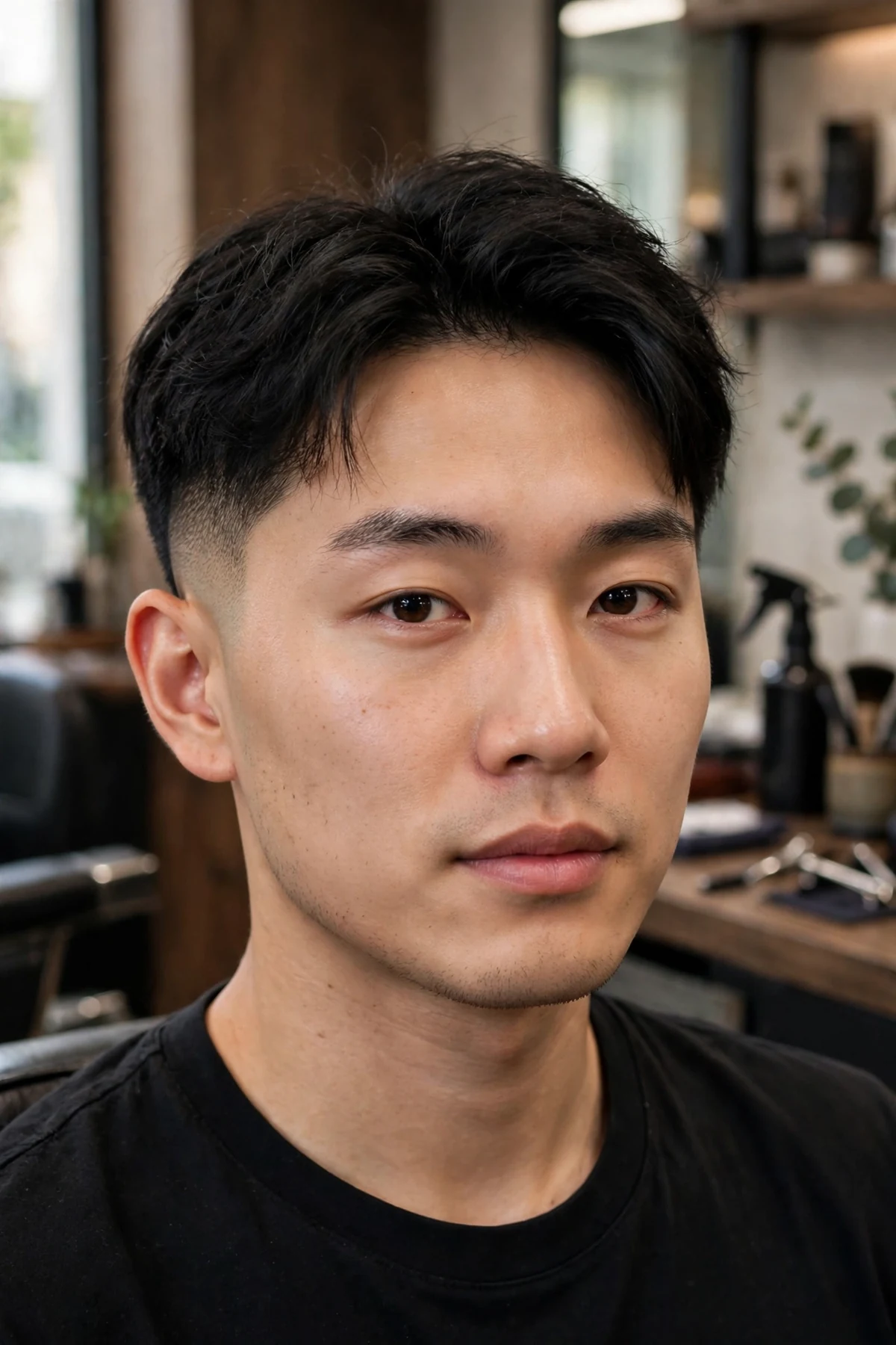 Asian man with a shadow fade haircut and natural top, soft subtle shadow fade with naturally styled top