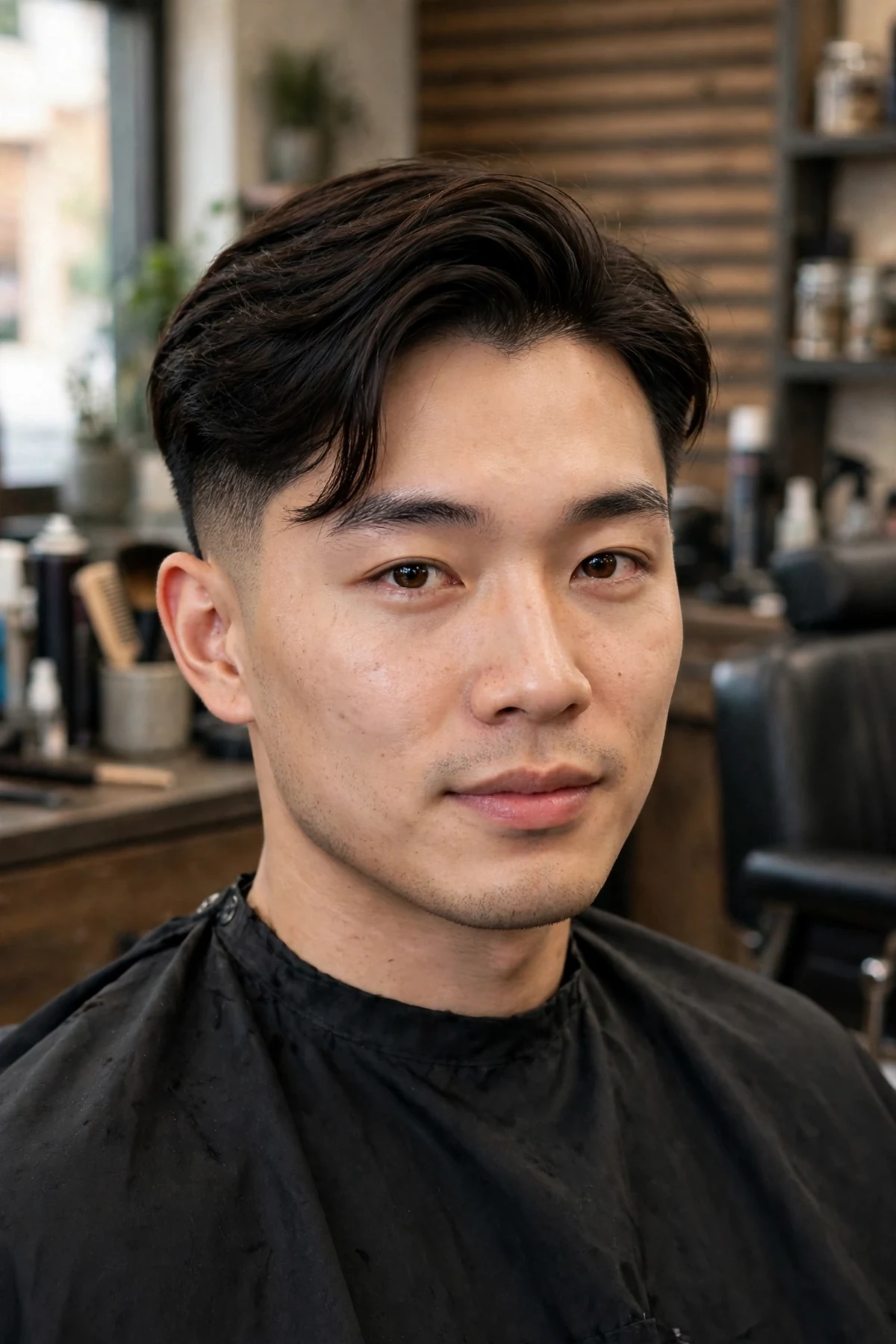 Asian man with a taper fade haircut and side swept top, longer side-swept top with clean taper faded sides