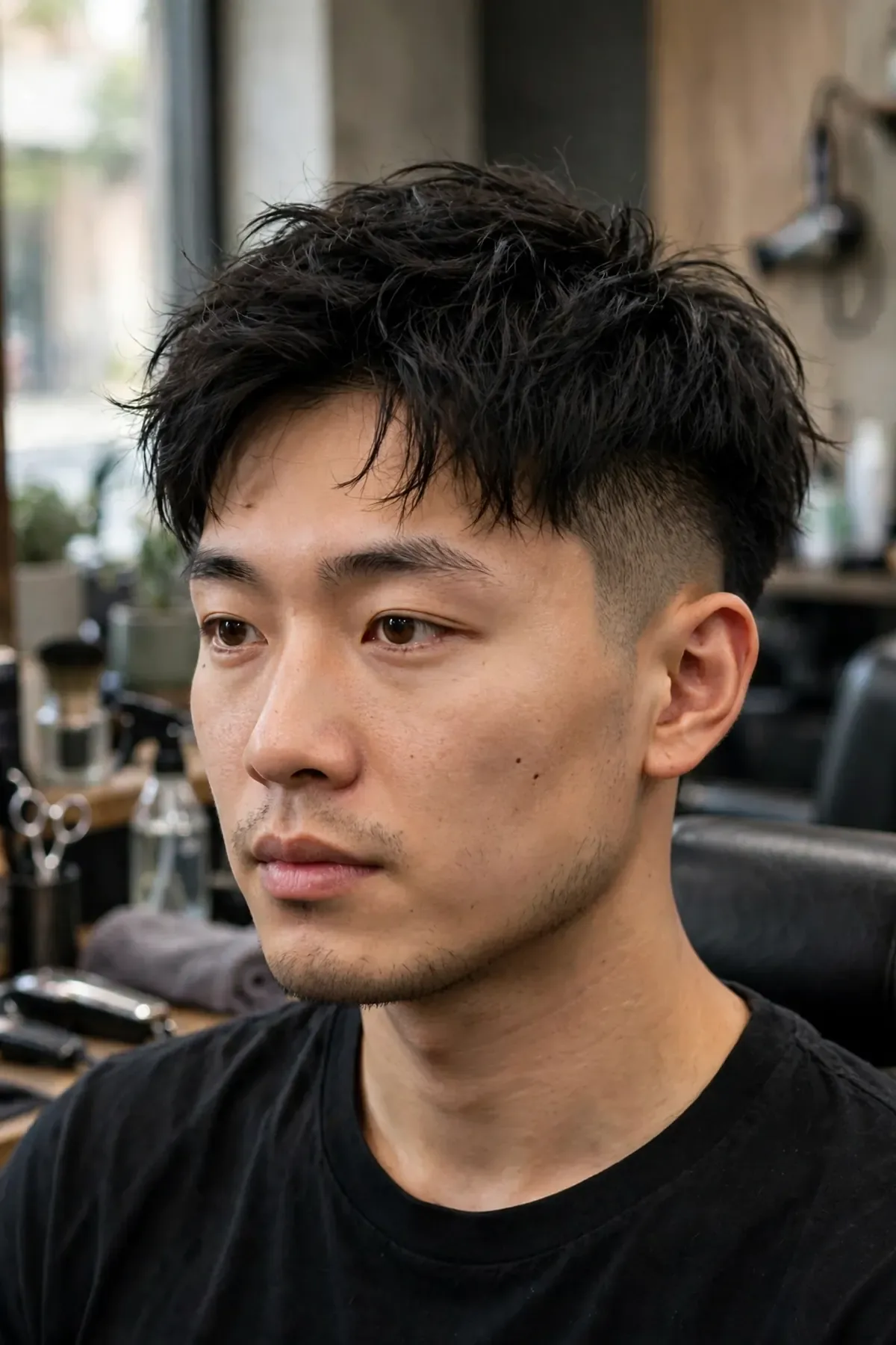 Asian man with a low fade and textured top, subtle faded sides with a tousled crown