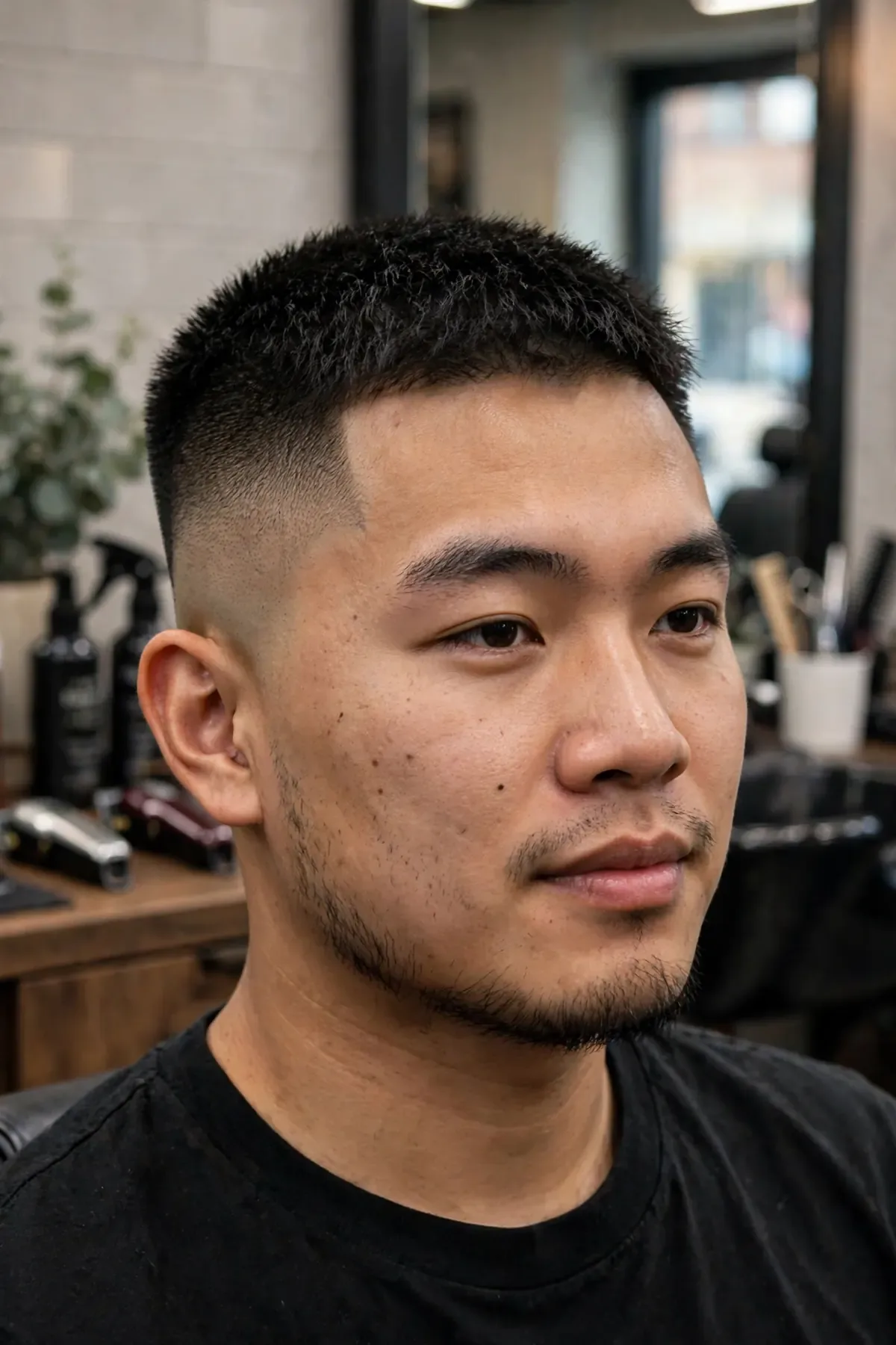 Asian man with a high skin fade blended to bare skin and short textured length on top