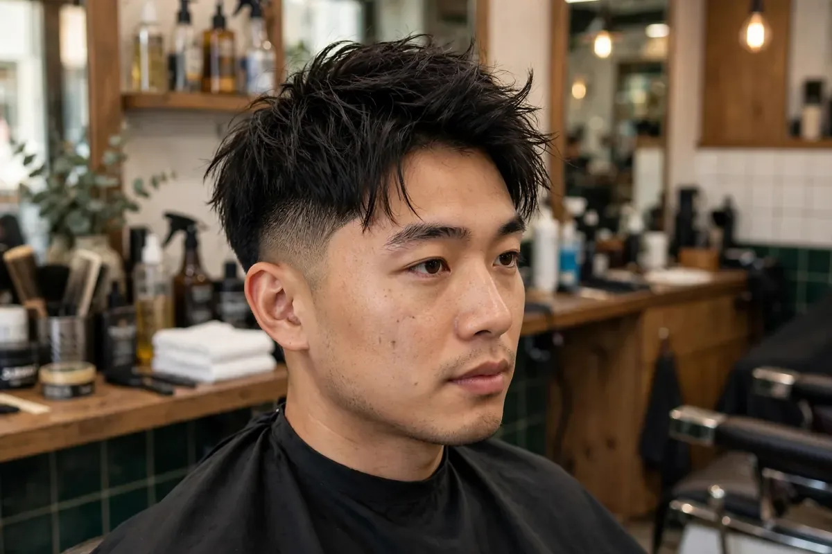 Asian man with a taper fade and messy textured top, soft blended sides