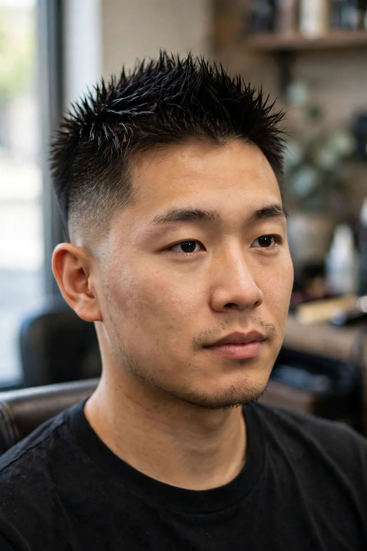 Asian man with spiky textured hair on top and short faded sides