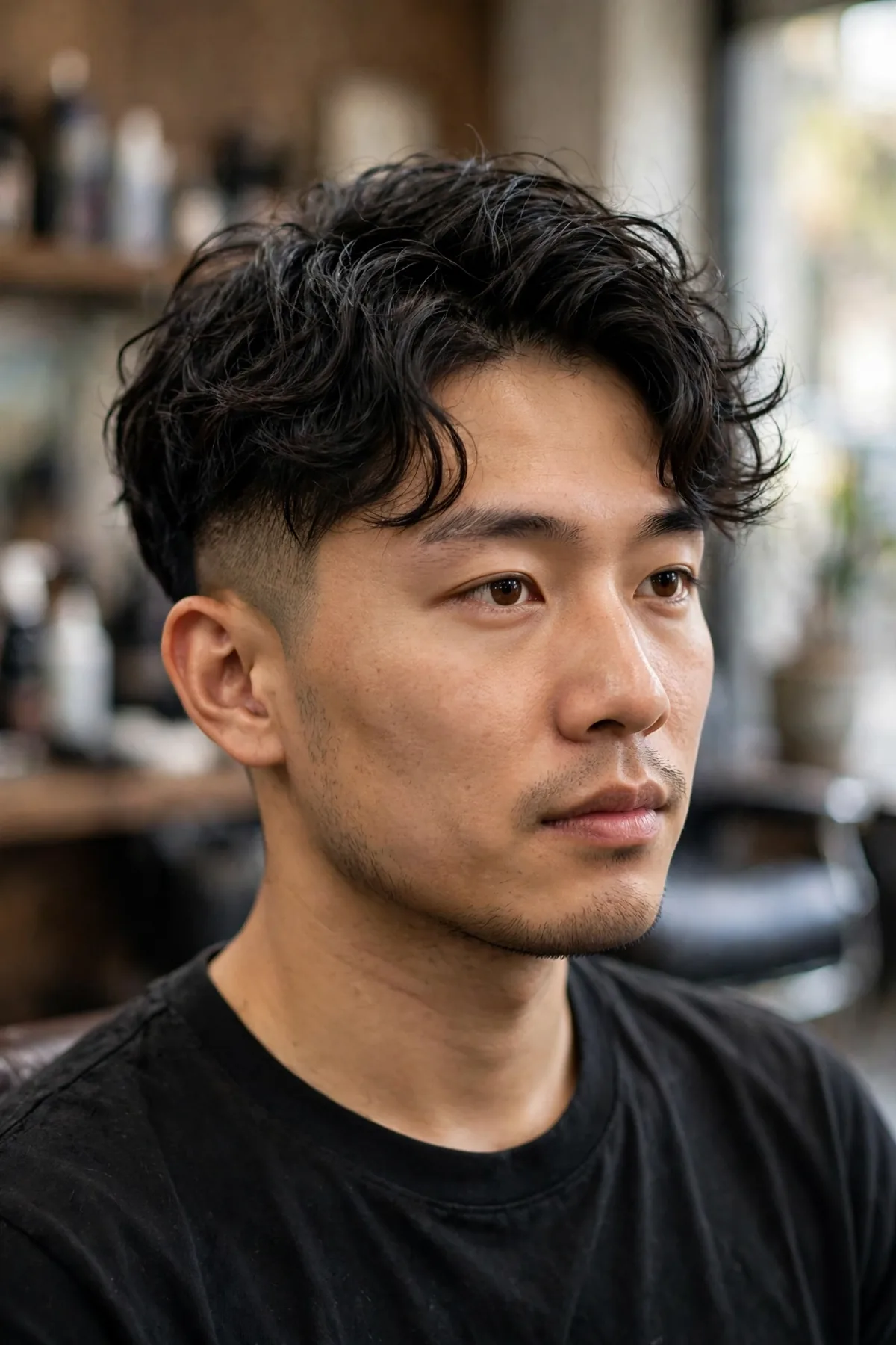 Asian man with wavy top hair and a disconnected undercut on the sides