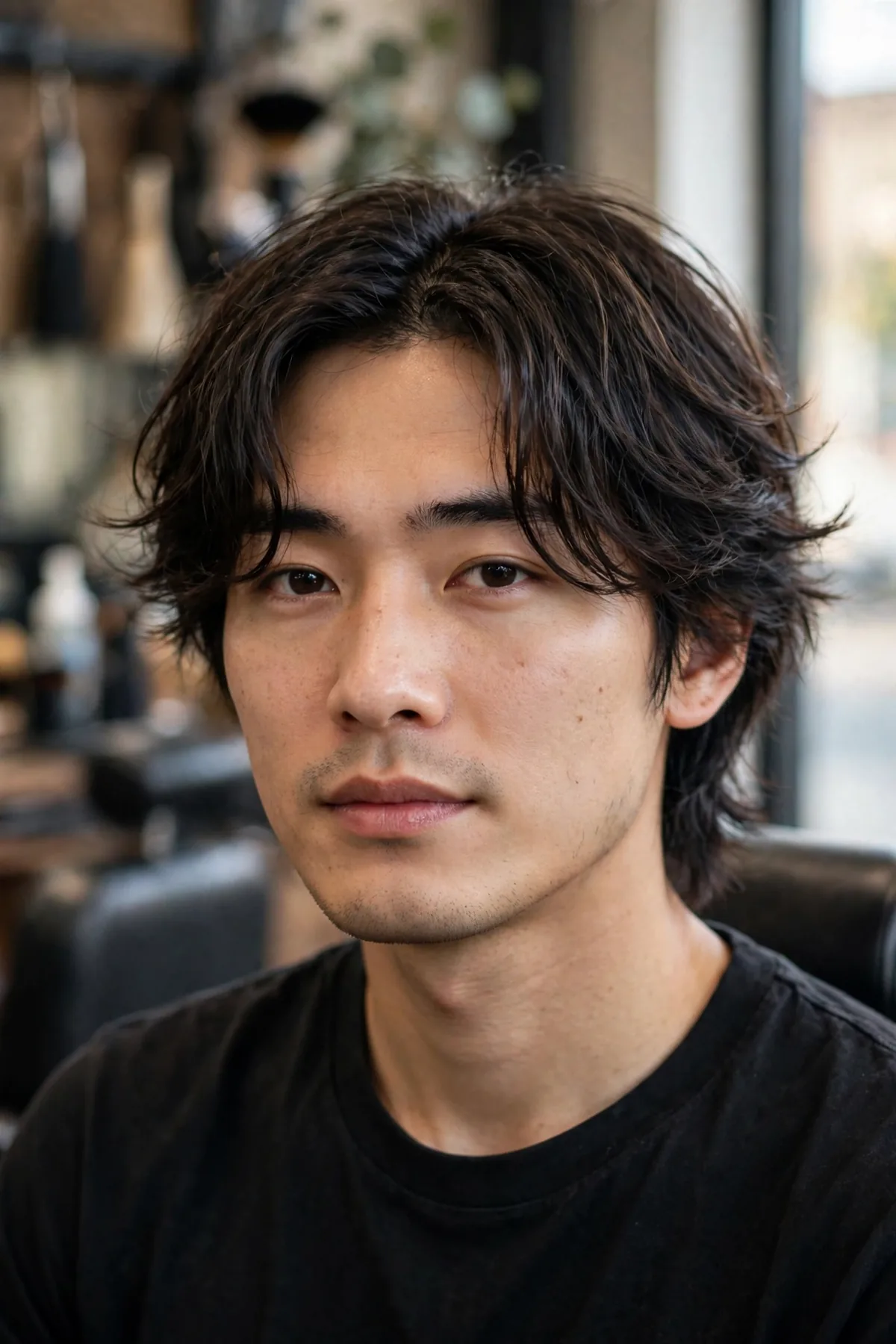 Asian man with tousled curtain bangs parted in the middle and soft tapered sides