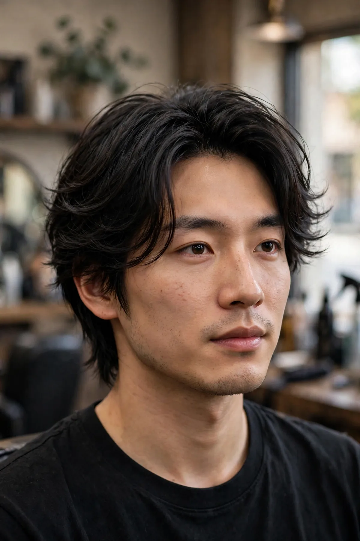 Asian man with feathered layered hair, soft wispy texture through the top