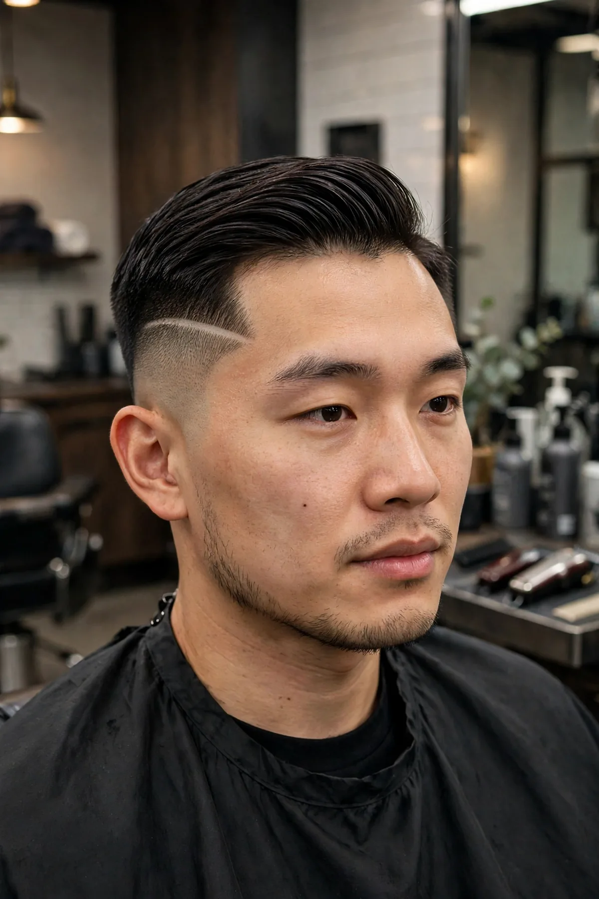 Asian man with a hard part shaved line and mid fade, top swept to the side