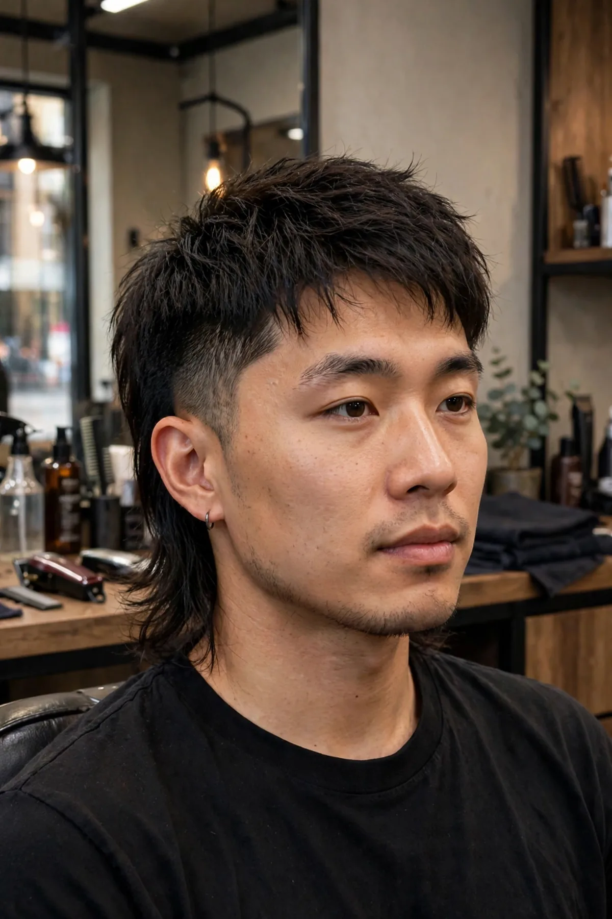 Asian man with a modern Asian mullet, short textured top with long hair at the back