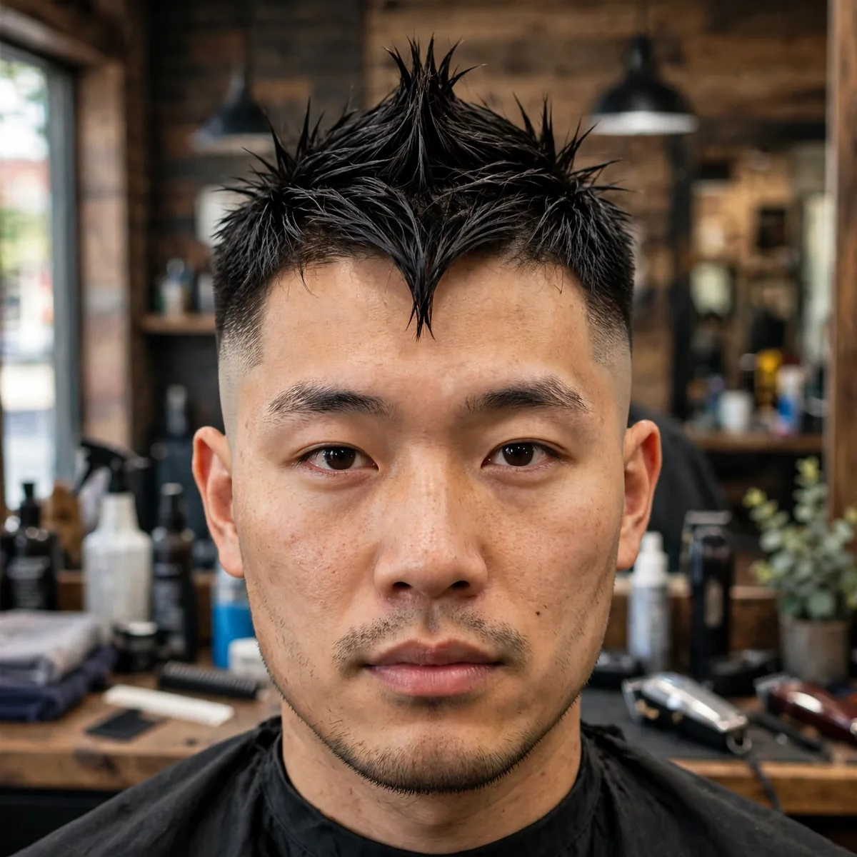 Asian man with a fauxhawk, center strip of spiked hair with tapered sides