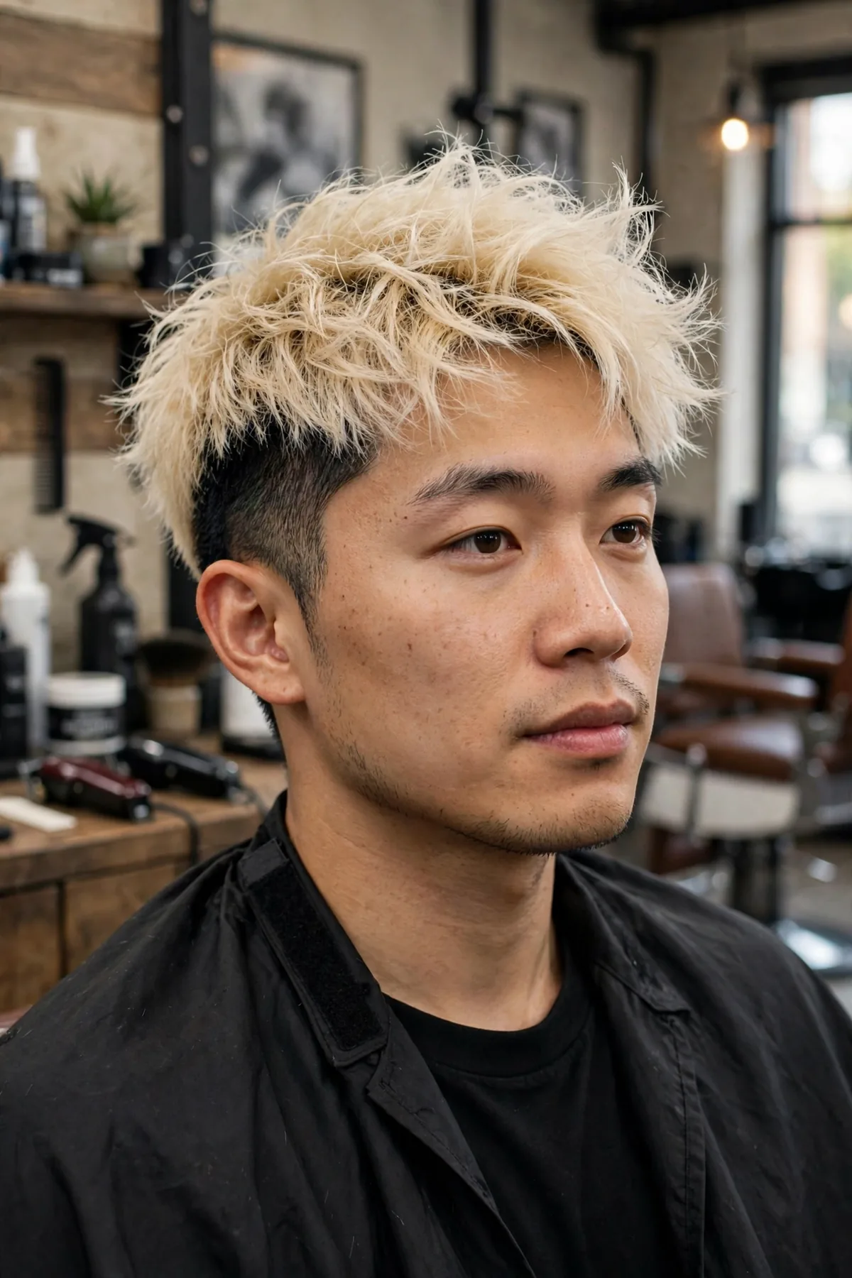 Asian man with bleached blonde hair on top, platinum blonde textured top with dark faded sides