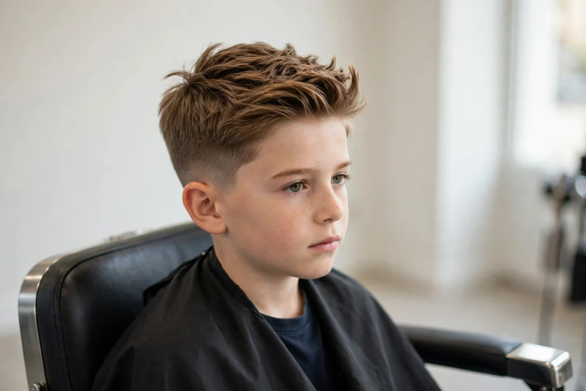 Best haircuts for boys collage showing a crew cut, a low fade, curly top styles and textured boys hairstyles in a barbershop