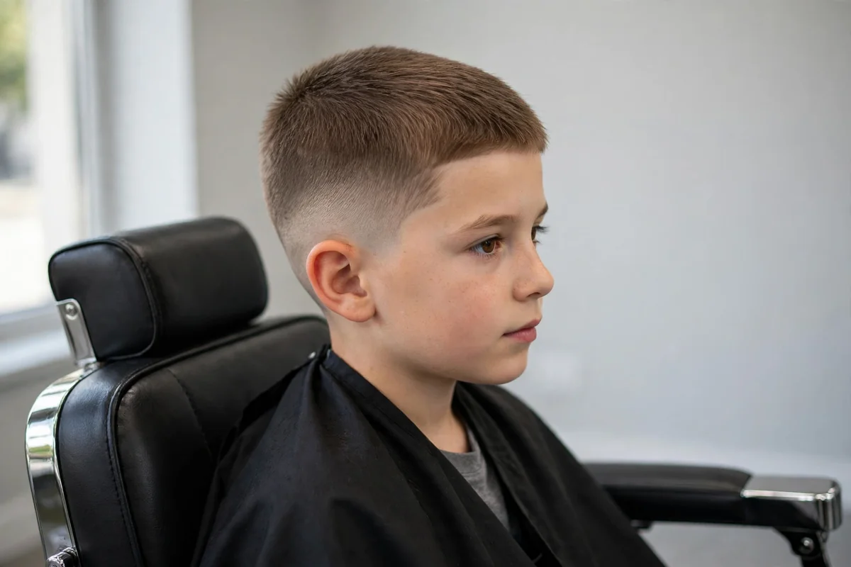 Boy with clean taper cut, one of the best haircuts for boys, styled in a barbershop — a popular boys hairstyle with a clean finish