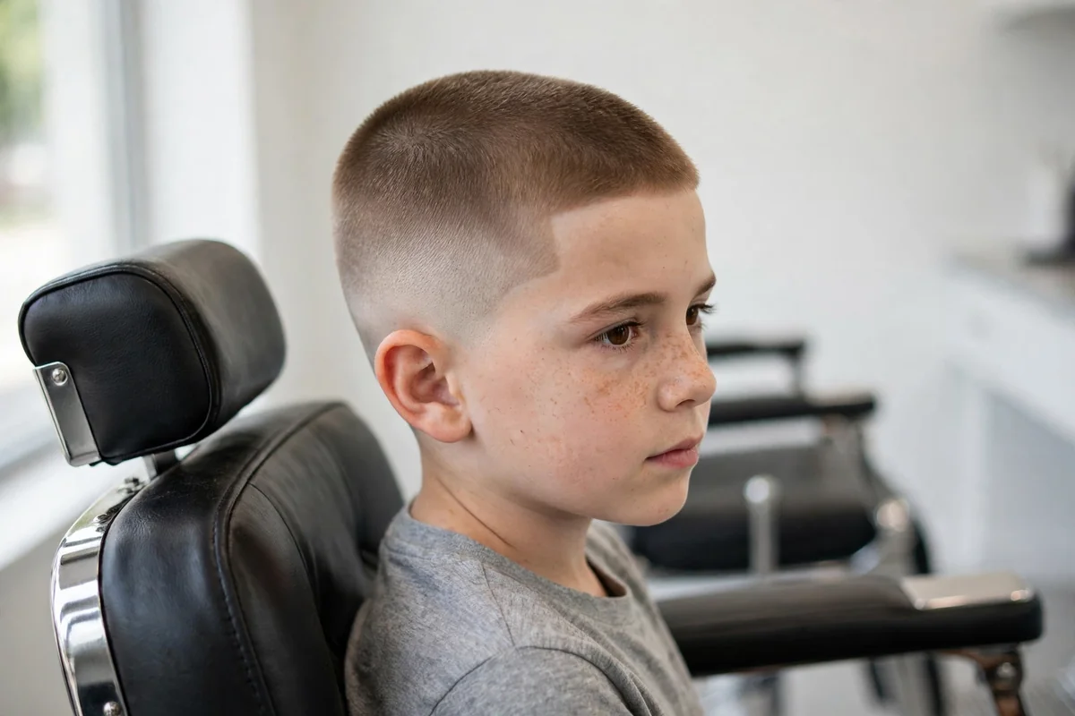 Boy with buzz cut with fade, one of the best haircuts for boys, styled in a barbershop — a popular boys hairstyle with a clean finish