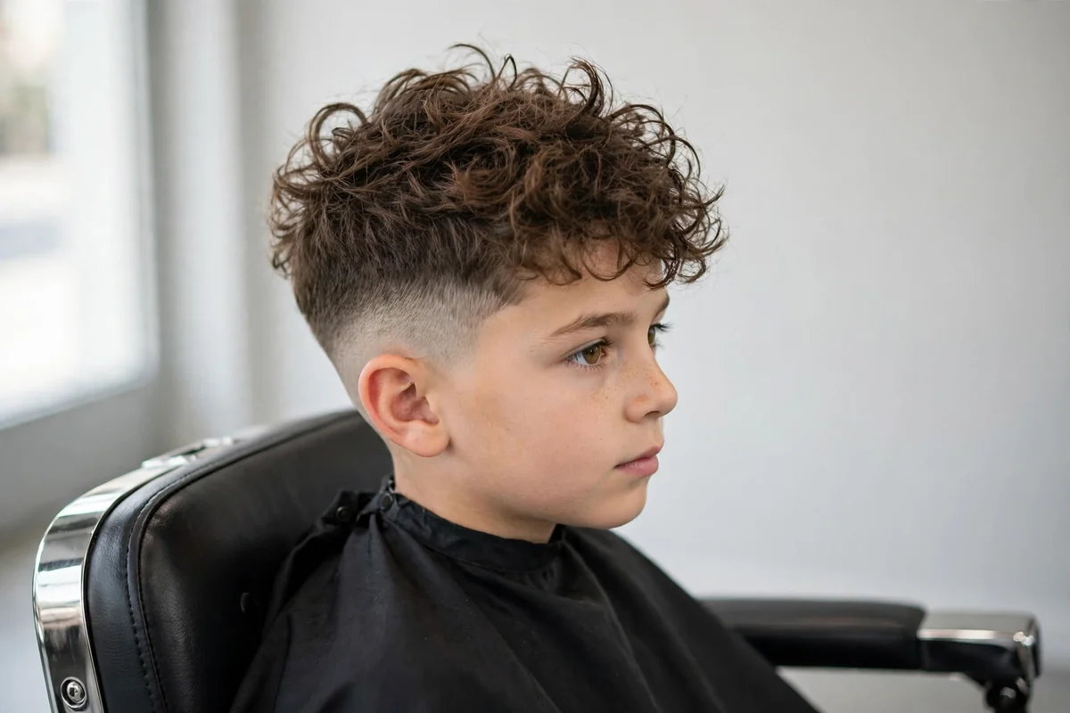 Boy with mid fade with messy curls, one of the best haircuts for boys, styled in a barbershop — a popular boys hairstyle with a clean finish