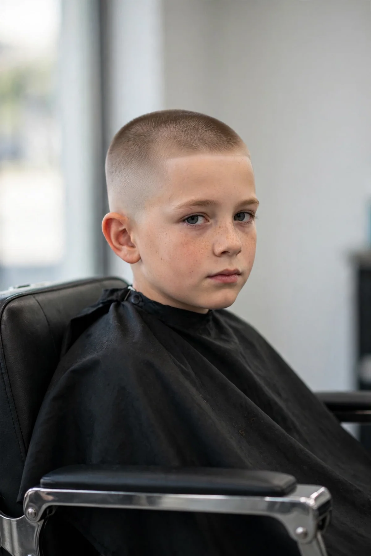 Boy with skin fade buzz cut, one of the best haircuts for boys, styled in a barbershop — a popular boys hairstyle with a clean finish