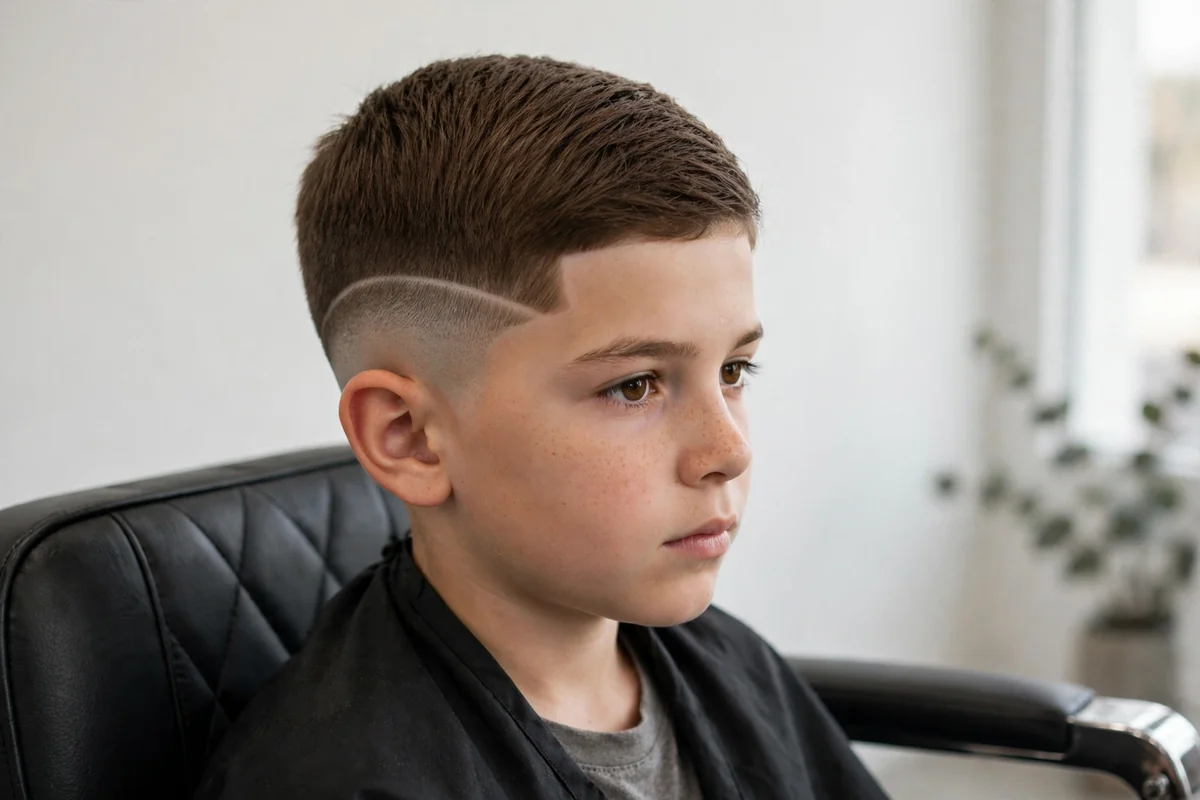 Boy with taper fade with line-up, one of the best haircuts for boys, styled in a barbershop — a popular boys hairstyle with a clean finish