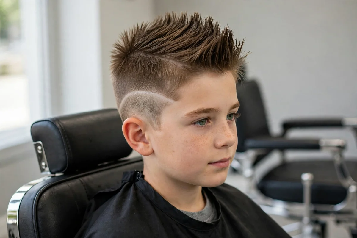 Boy with burst fade mohawk, one of the best haircuts for boys, styled in a barbershop — a popular boys hairstyle with a clean finish