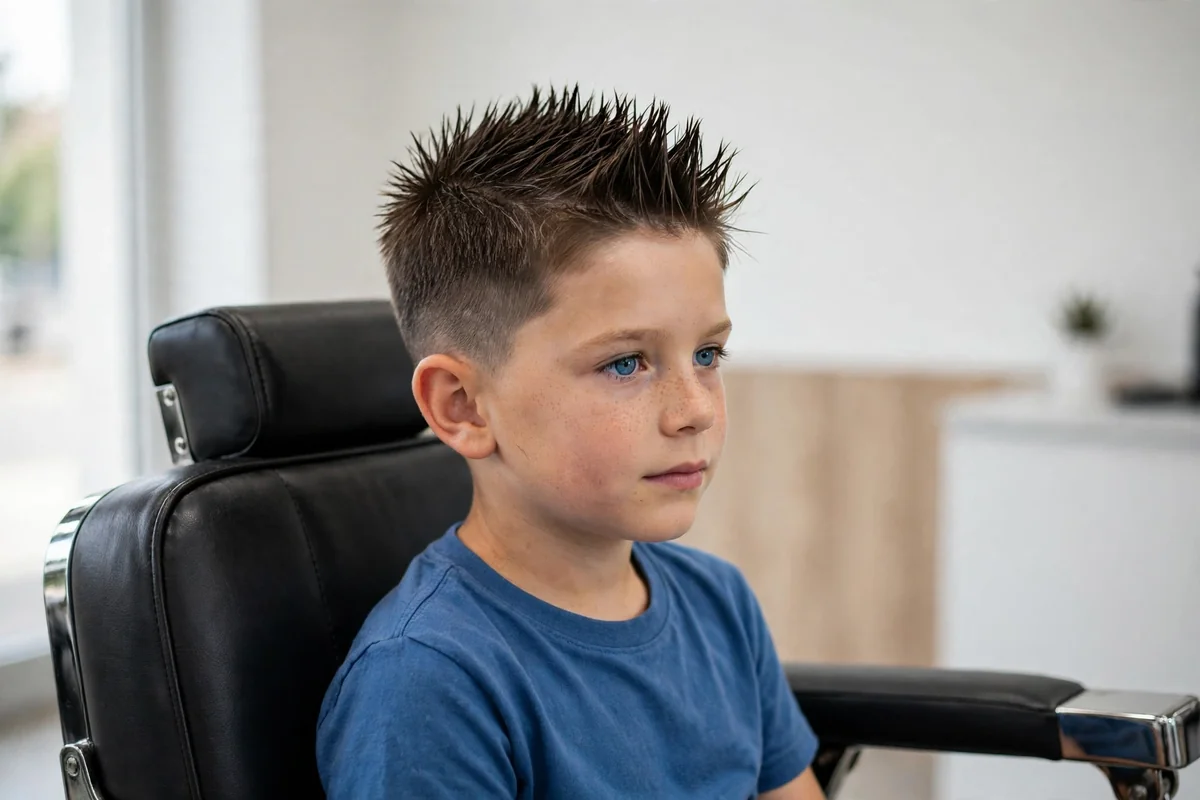 Boy with short spiky cut, one of the best haircuts for boys, styled in a barbershop — a popular boys hairstyle with a clean finish