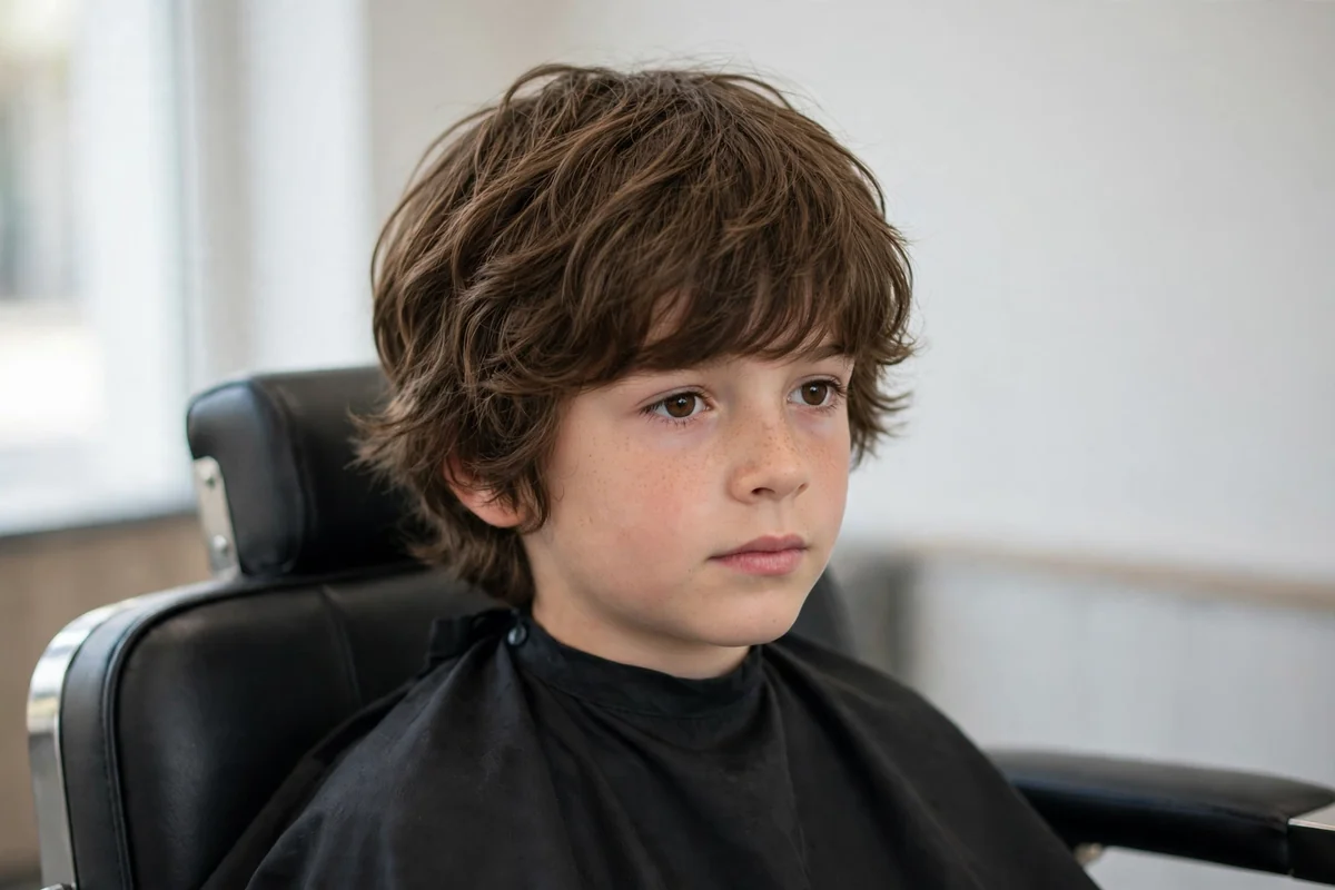 Boy with wavy shag, one of the best haircuts for boys, styled in a barbershop — a popular boys hairstyle with a clean finish
