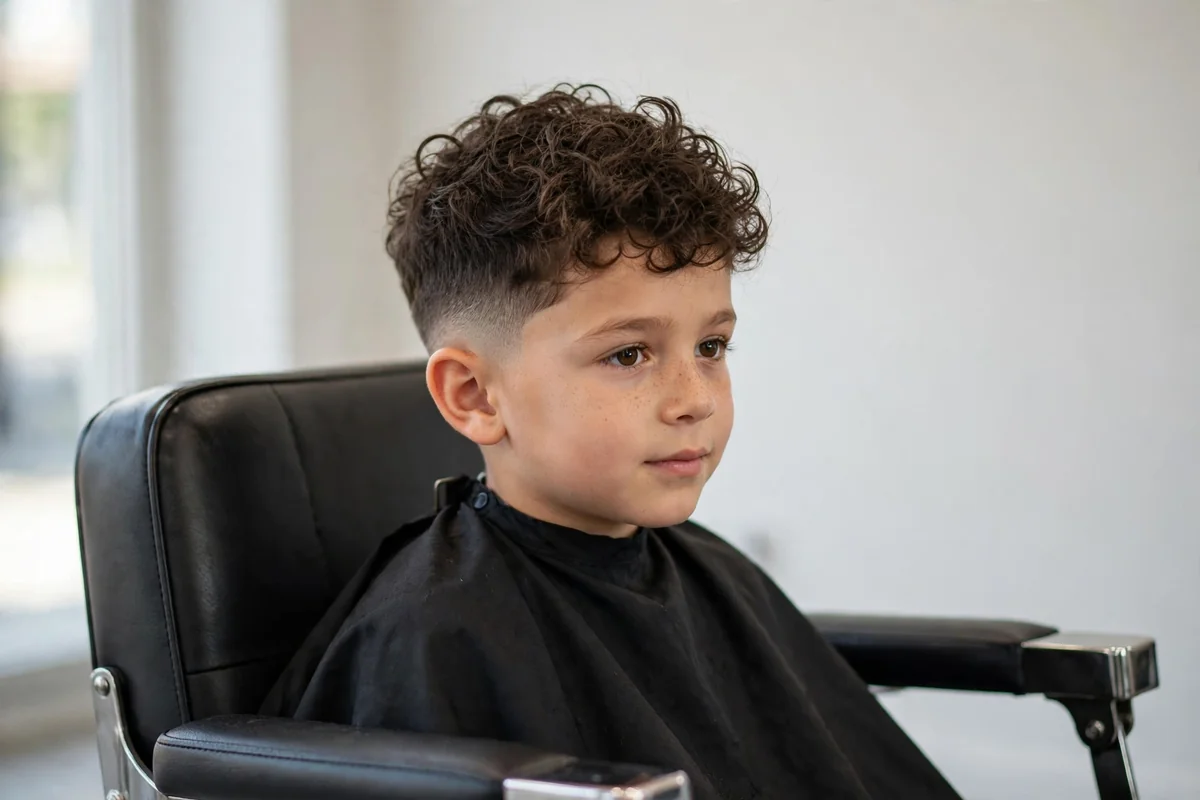 Boy with curly top with taper, one of the best haircuts for boys, styled in a barbershop — a popular boys hairstyle with a clean finish