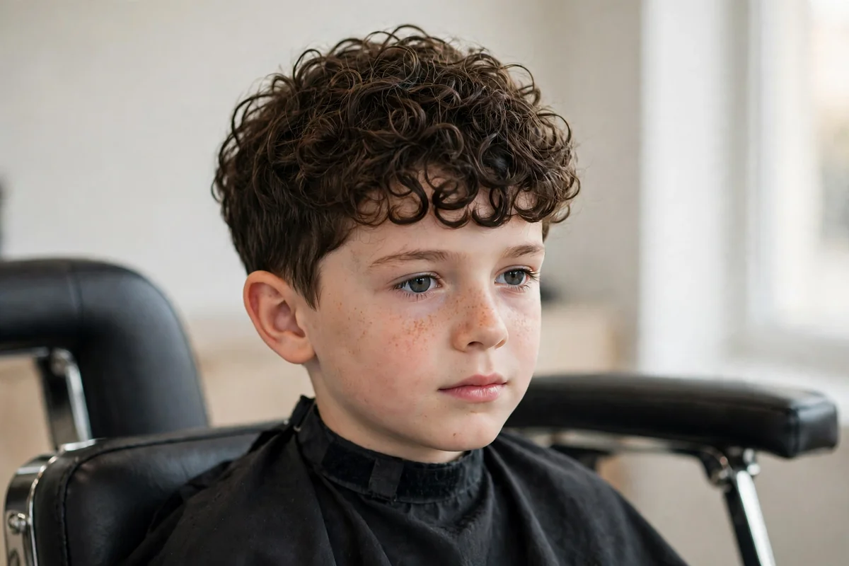 Boy with curly fringe, one of the best haircuts for boys, styled in a barbershop — a popular boys hairstyle with a clean finish