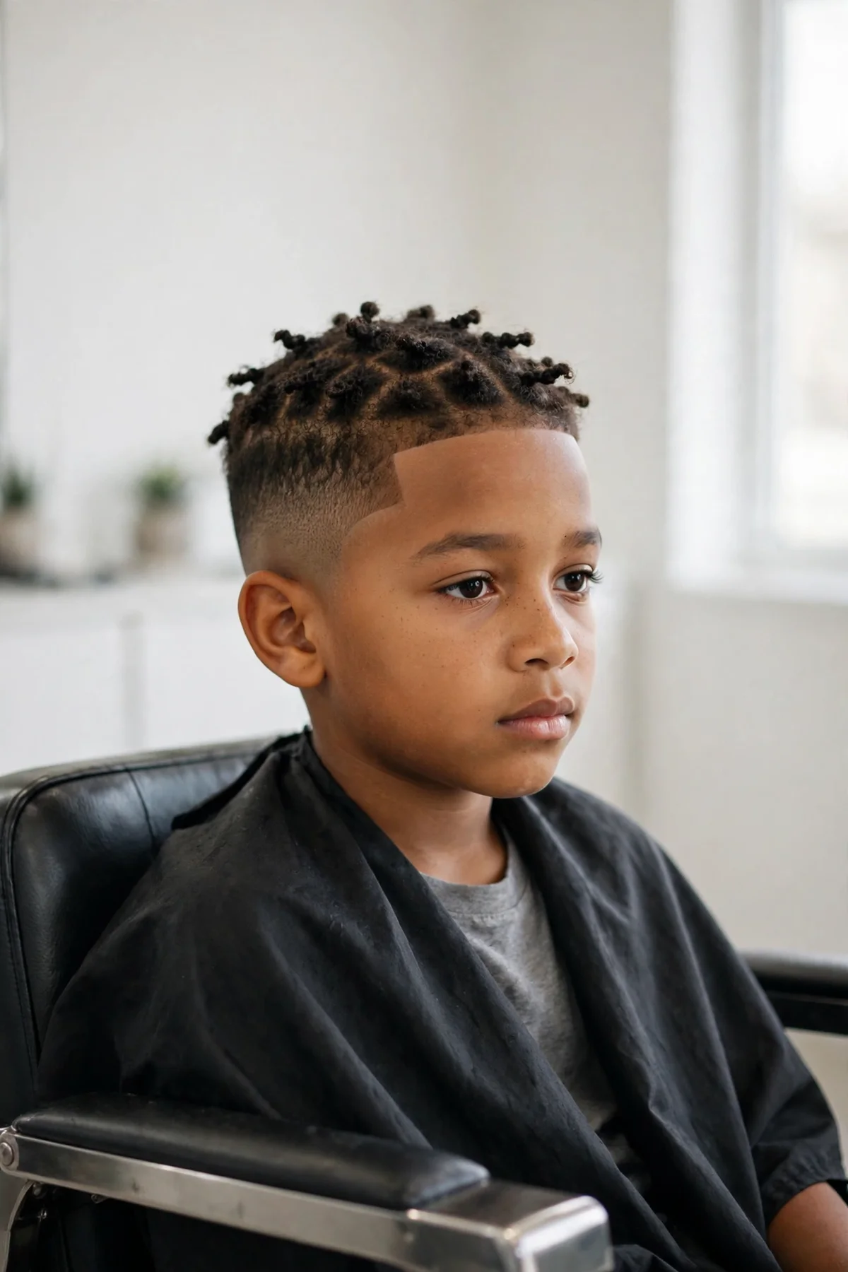 Boy with short twists with fade, one of the best haircuts for boys, styled in a barbershop — a popular boys hairstyle with a clean finish