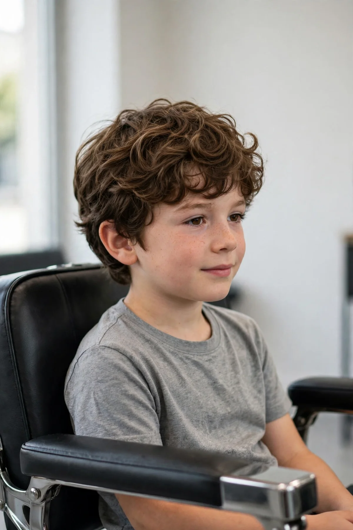 Boy with medium curly layers, one of the best haircuts for boys, styled in a barbershop — a popular boys hairstyle with a clean finish