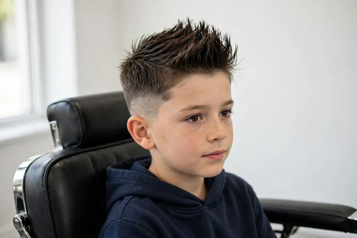 Boy with faux hawk, one of the best haircuts for boys, styled in a barbershop — a popular boys hairstyle with a clean finish