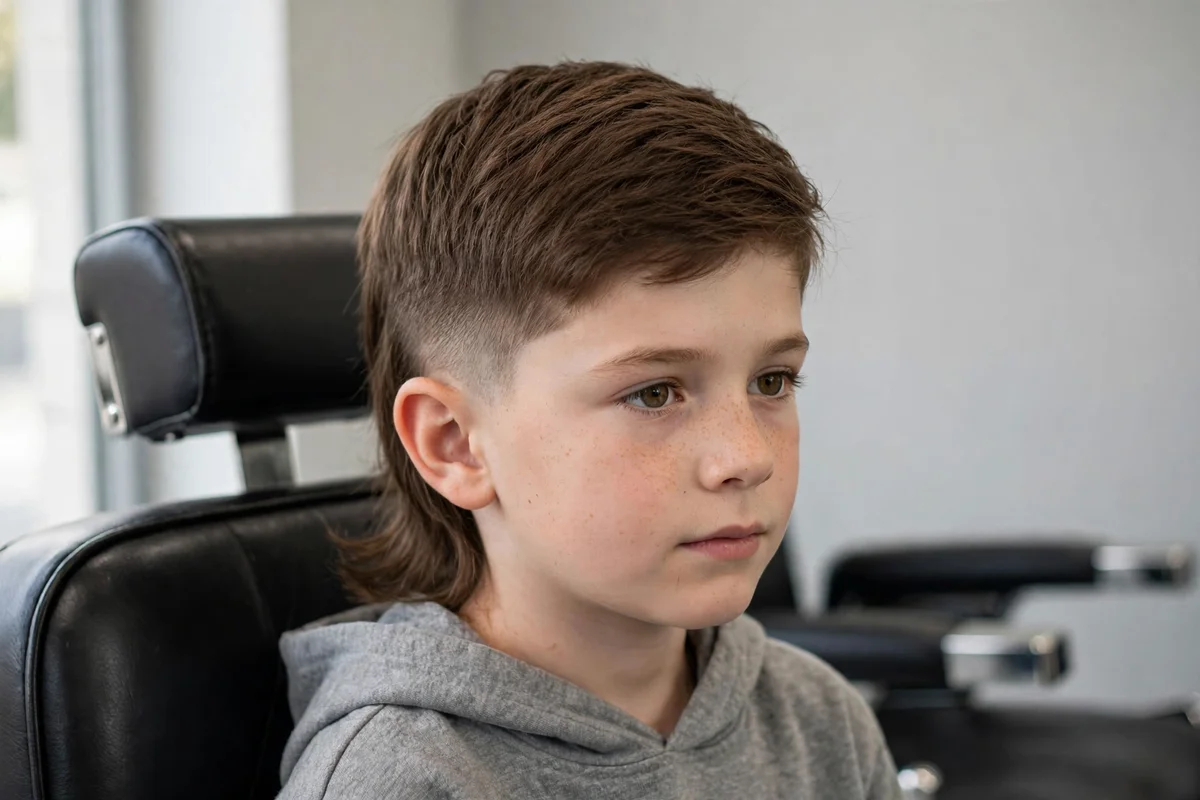 Boy with modern mullet, one of the best haircuts for boys, styled in a barbershop — a popular boys hairstyle with a clean finish